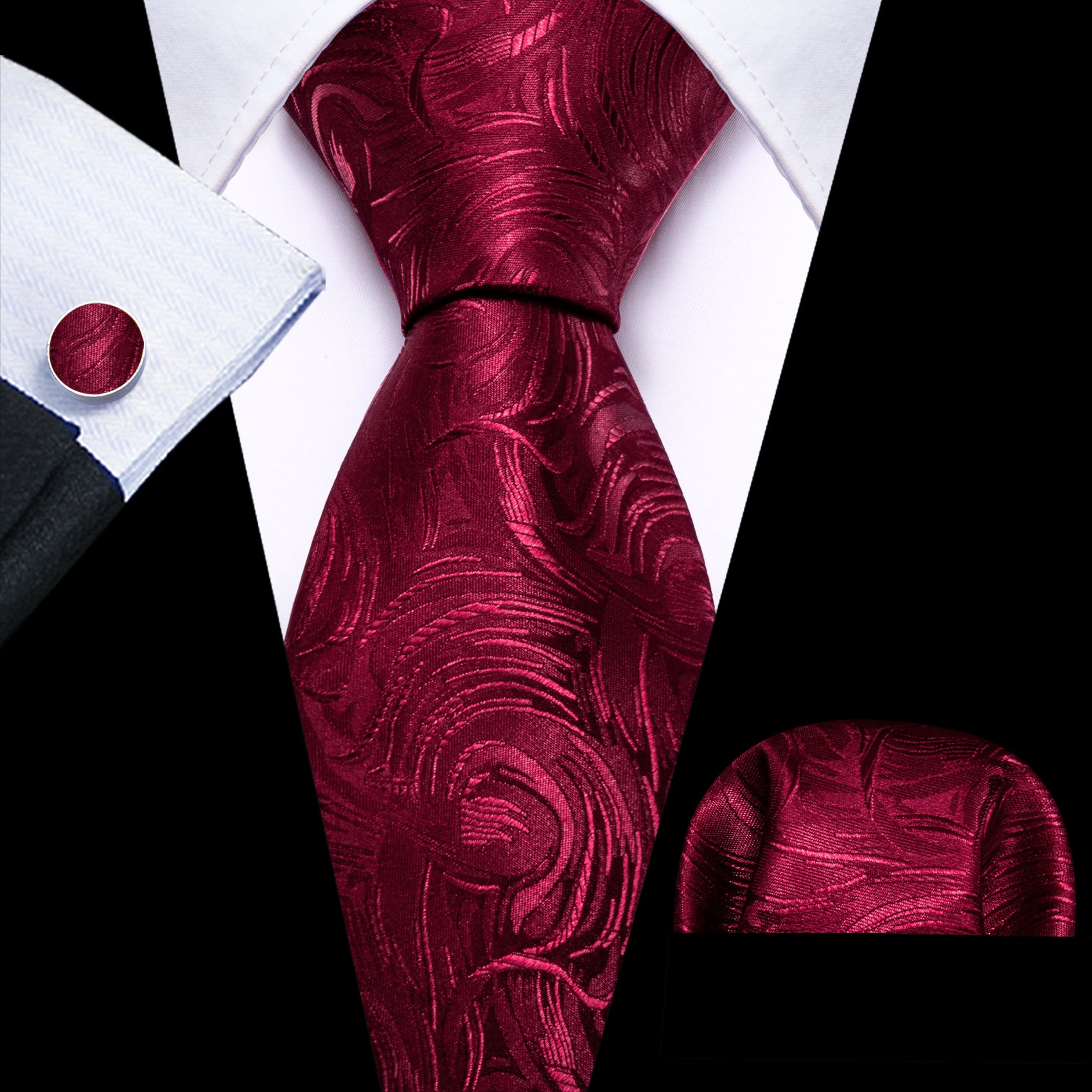  Fire Brick Red Paisley Silk Tie Handkerchief Cufflinks Set