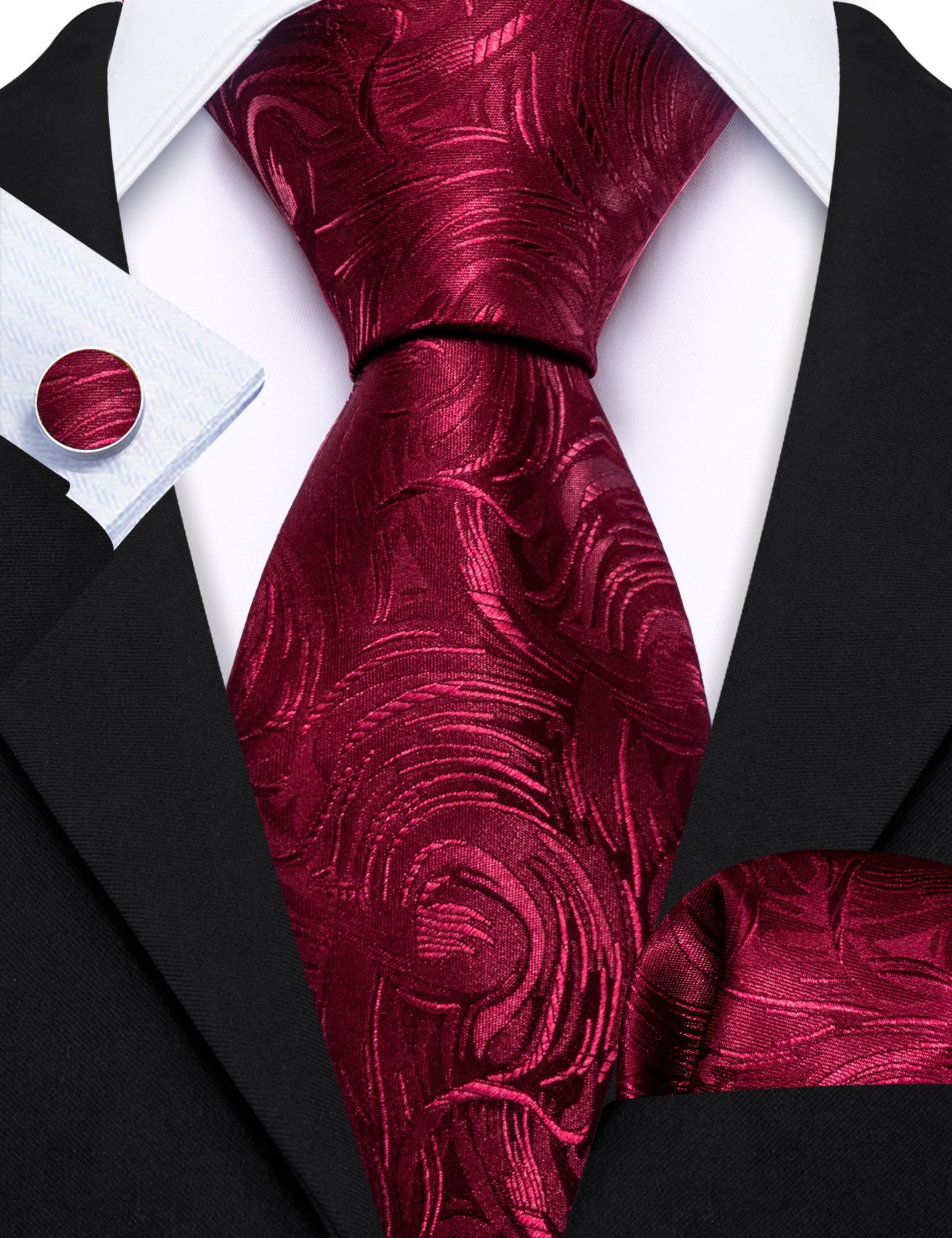  Fire Brick Red Paisley Silk Tie Handkerchief Cufflinks Set