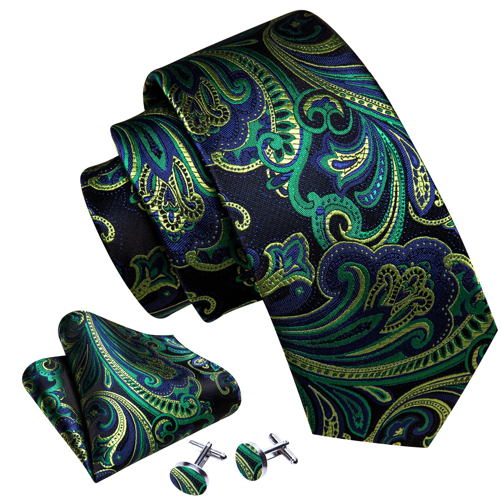 Blue Green Paisley Silk Tie Handkerchief Cufflinks Set