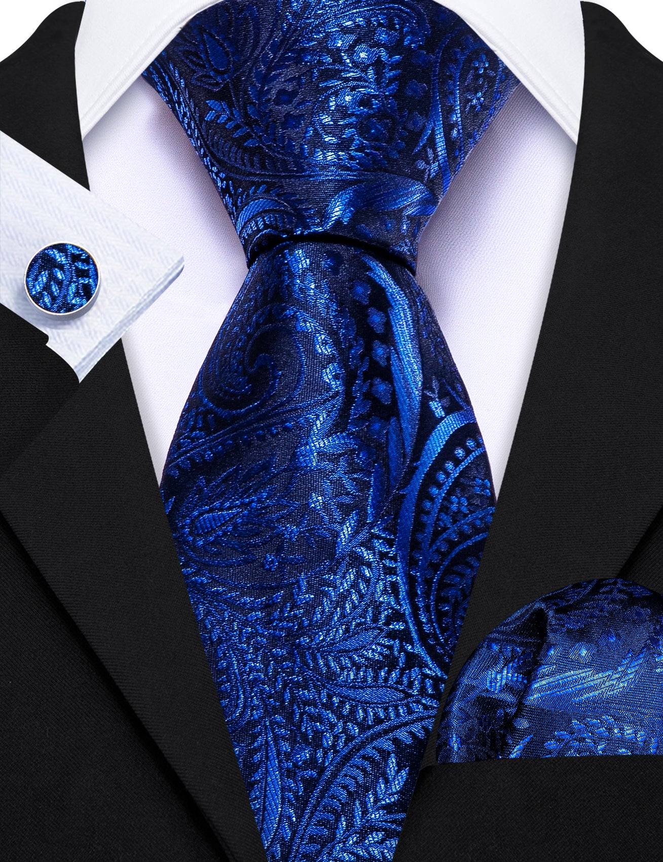 Barrywang Blue Paisley Silk Tie Handkerchief Cufflinks Set