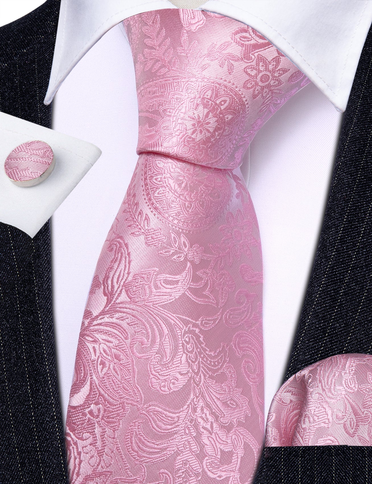 Pink Paisley Silk Tie Handkerchief Cufflinks Set