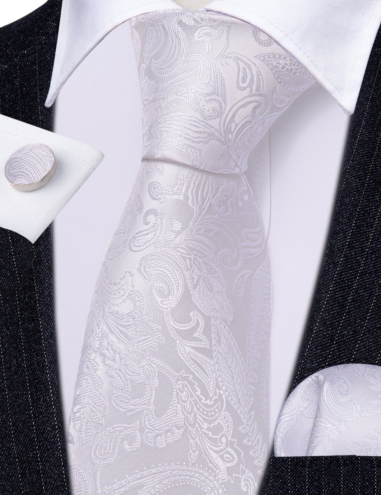 White Paisley Silk Tie Handkerchief Cufflinks Set