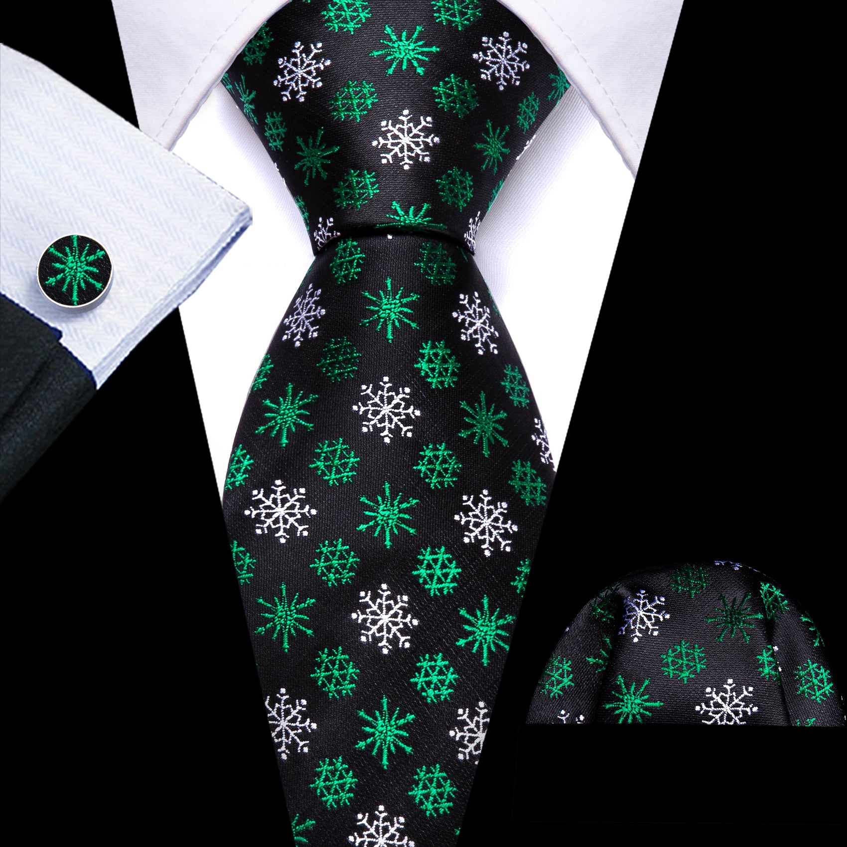 Christmas Black Green White Snowflake Silk Tie Handkerchief Cufflinks Set