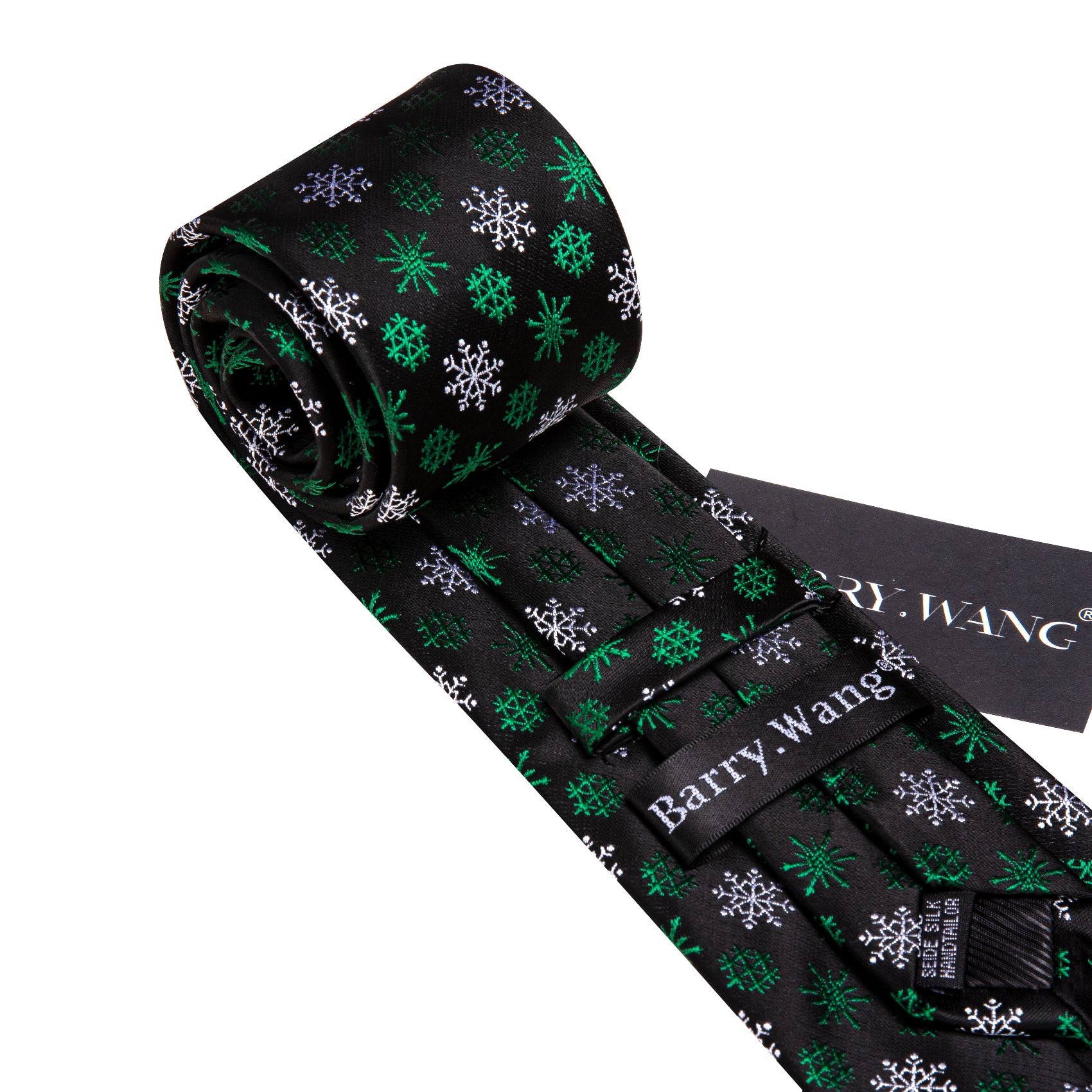 Christmas Tie Black Green White Snowflake Silk Tie Handkerchief Cufflinks Set