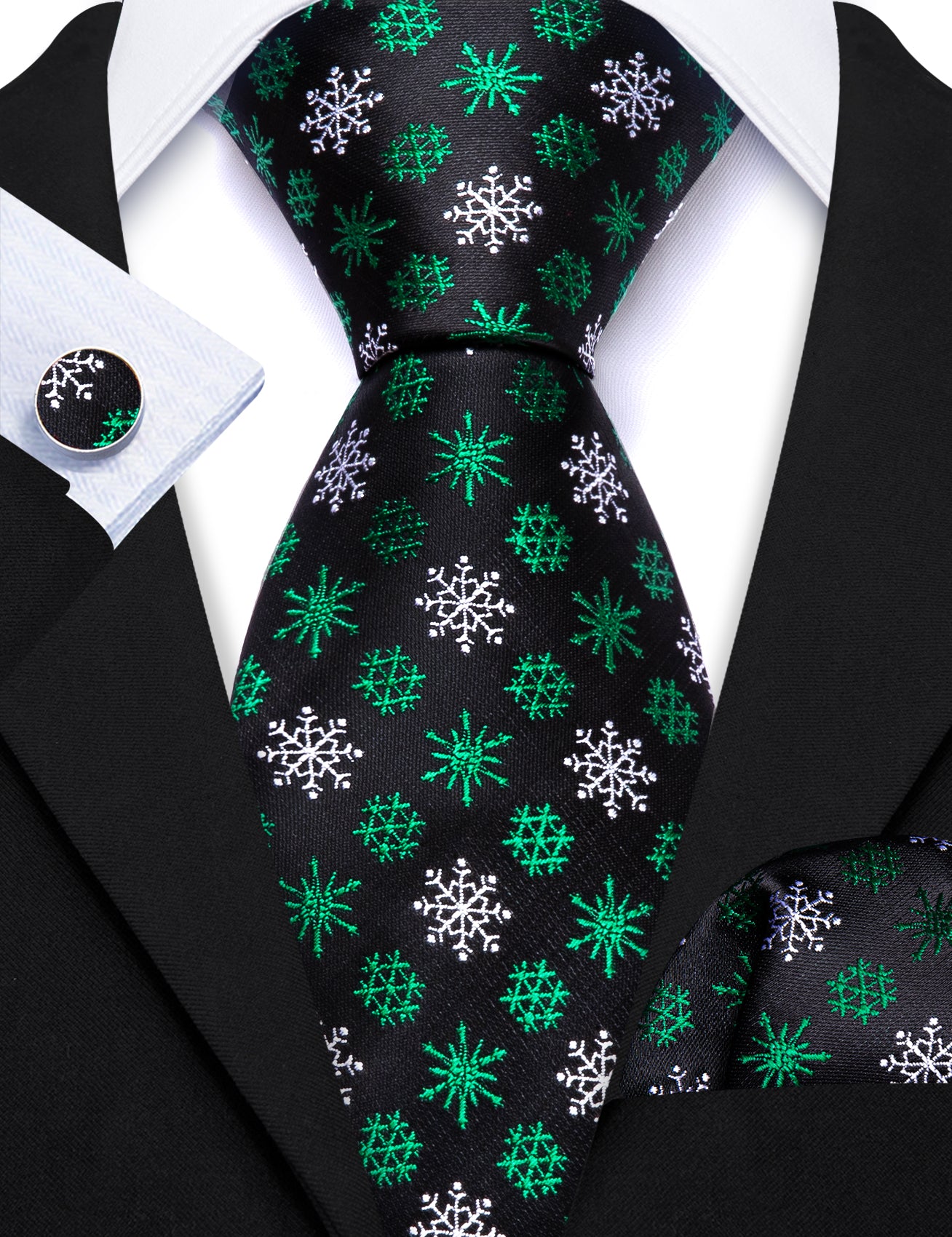 Christmas Black Green White Snowflake Silk Tie Handkerchief Cufflinks Set