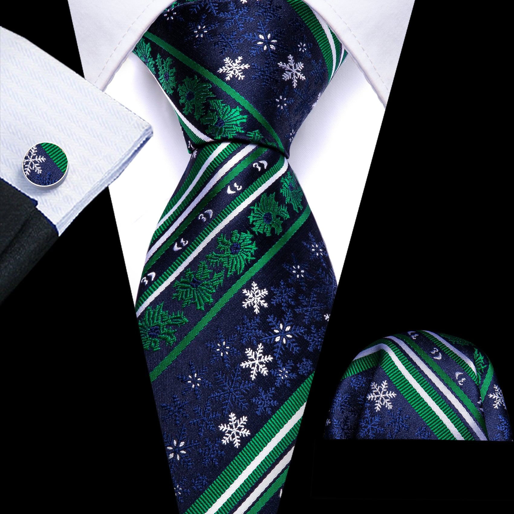 Christmas Blue Green Snowflake Silk Tie Handkerchief Cufflinks Set