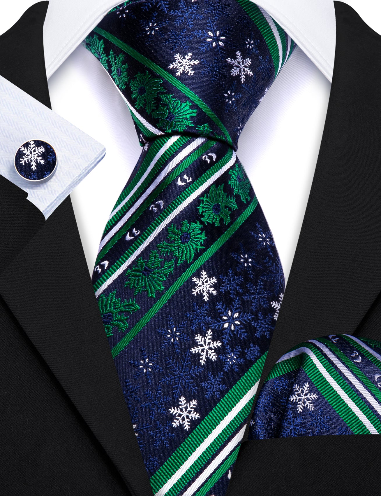 Christmas Blue Green Snowflake Silk Tie Handkerchief Cufflinks Set