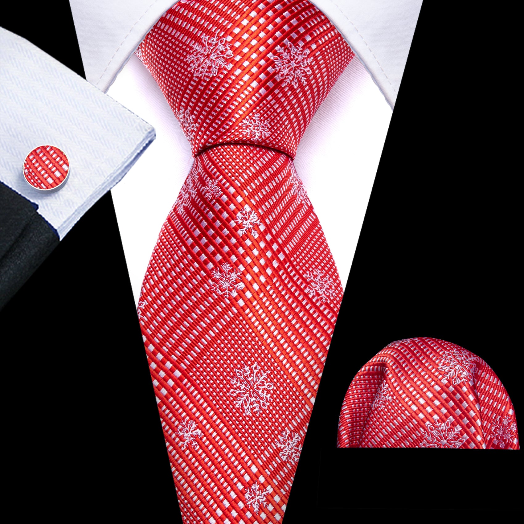Christmas Red White Striped Snowflake Silk Tie Handkerchief Cufflinks Set