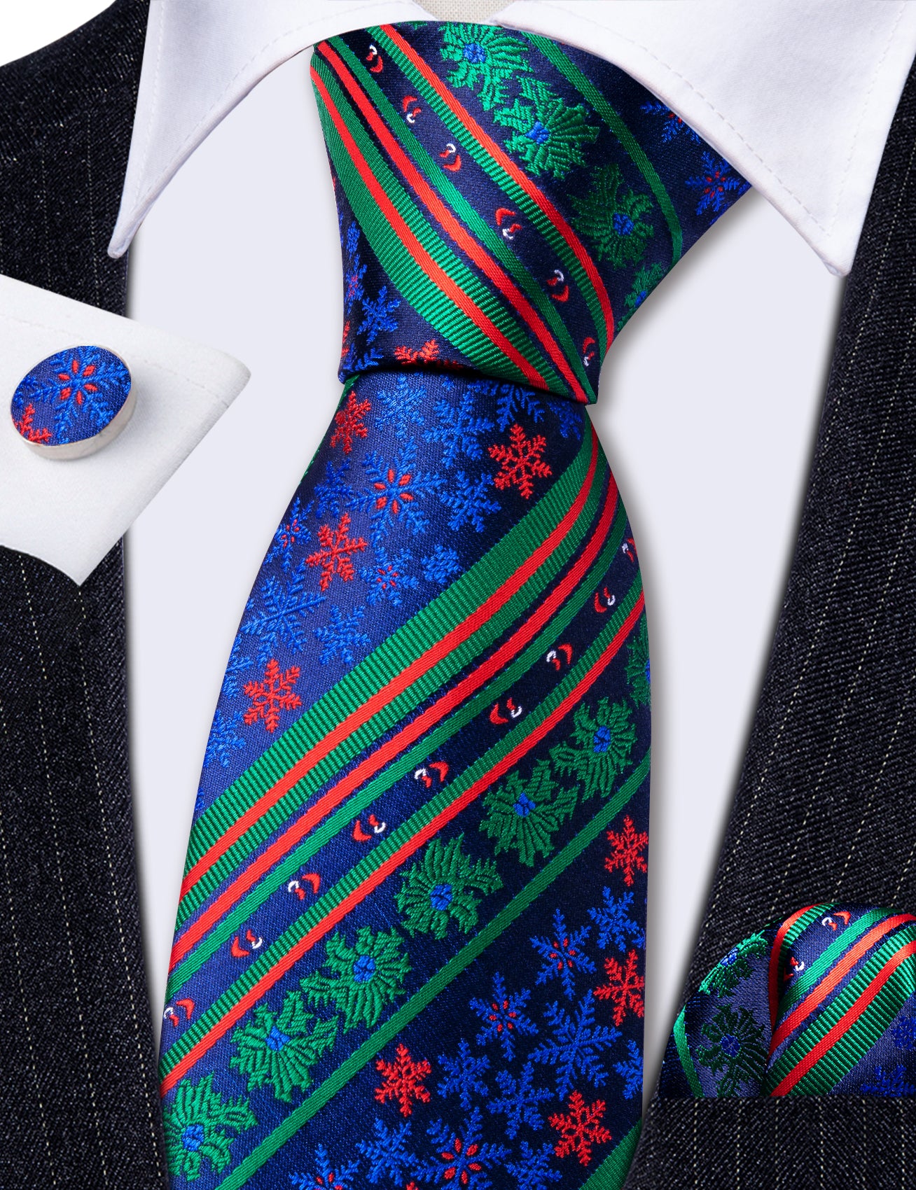 Barry Wang Christmas Striped Blue Green Floral Men's Tie Pocket Square Cufflinks Set