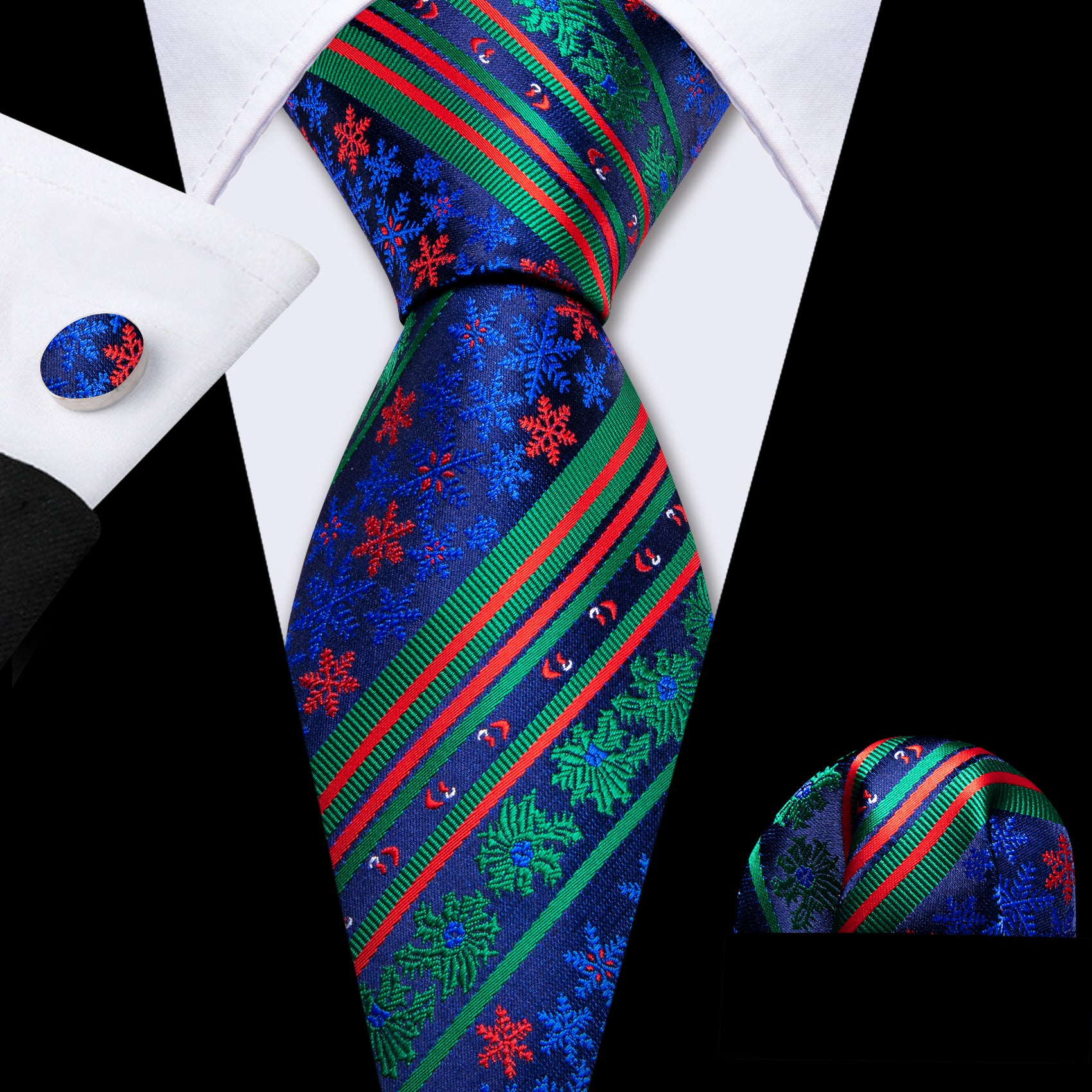 Barry Wang Christmas Striped Blue Green Floral Men's Tie Pocket Square Cufflinks Set