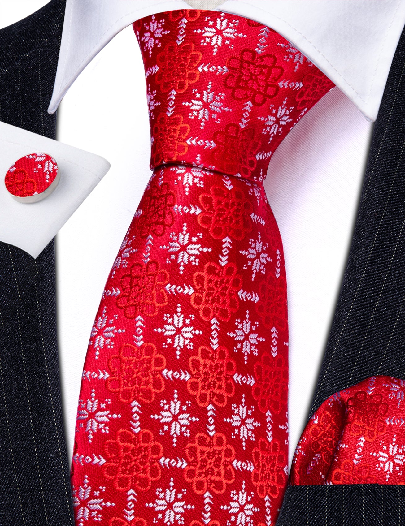 Christmas Strong Red Snowflake Silk Tie Handkerchief Cufflinks Set