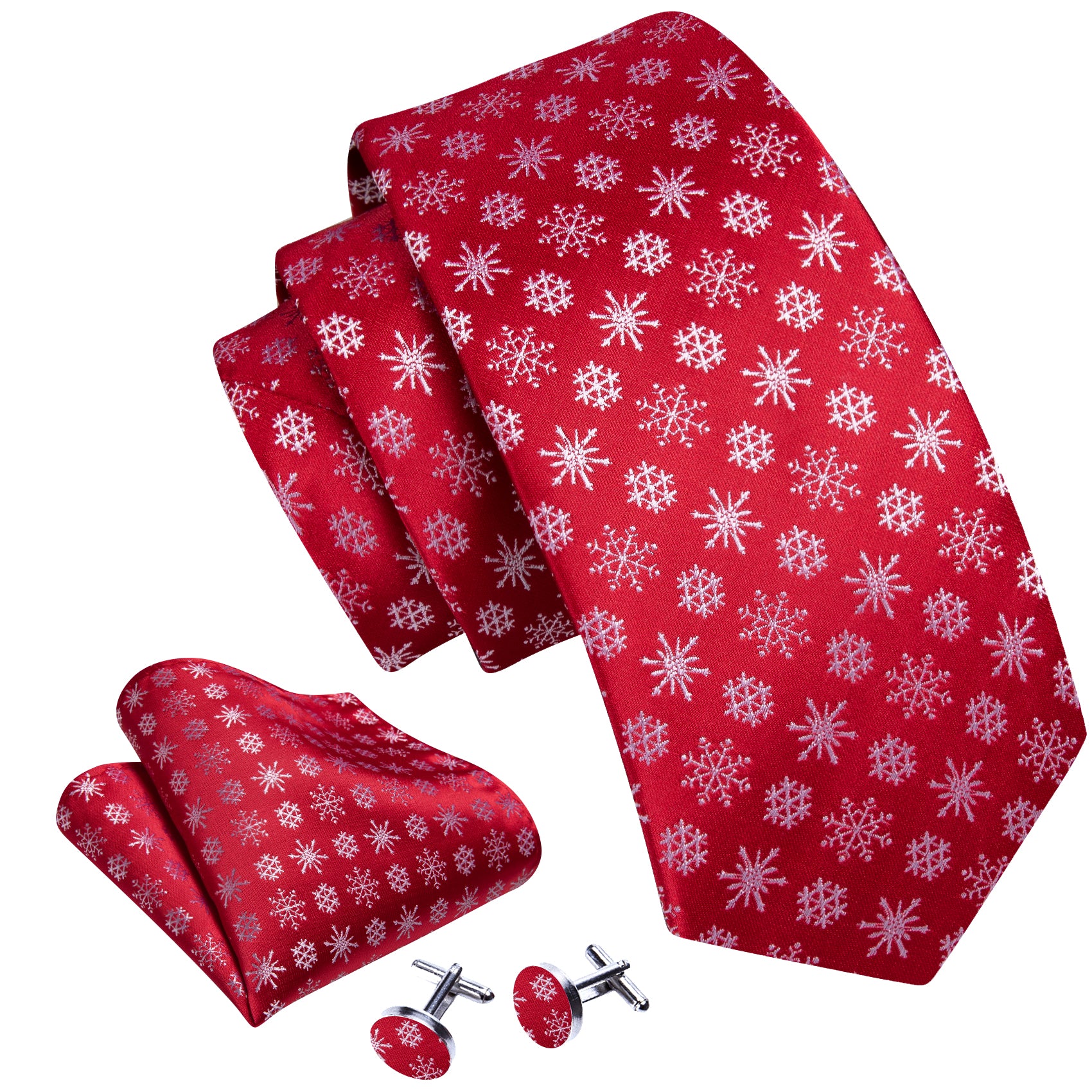 Barry.wang Christmas Tie Red White Snowflake Men's Tie Pocket Square Cufflinks Set