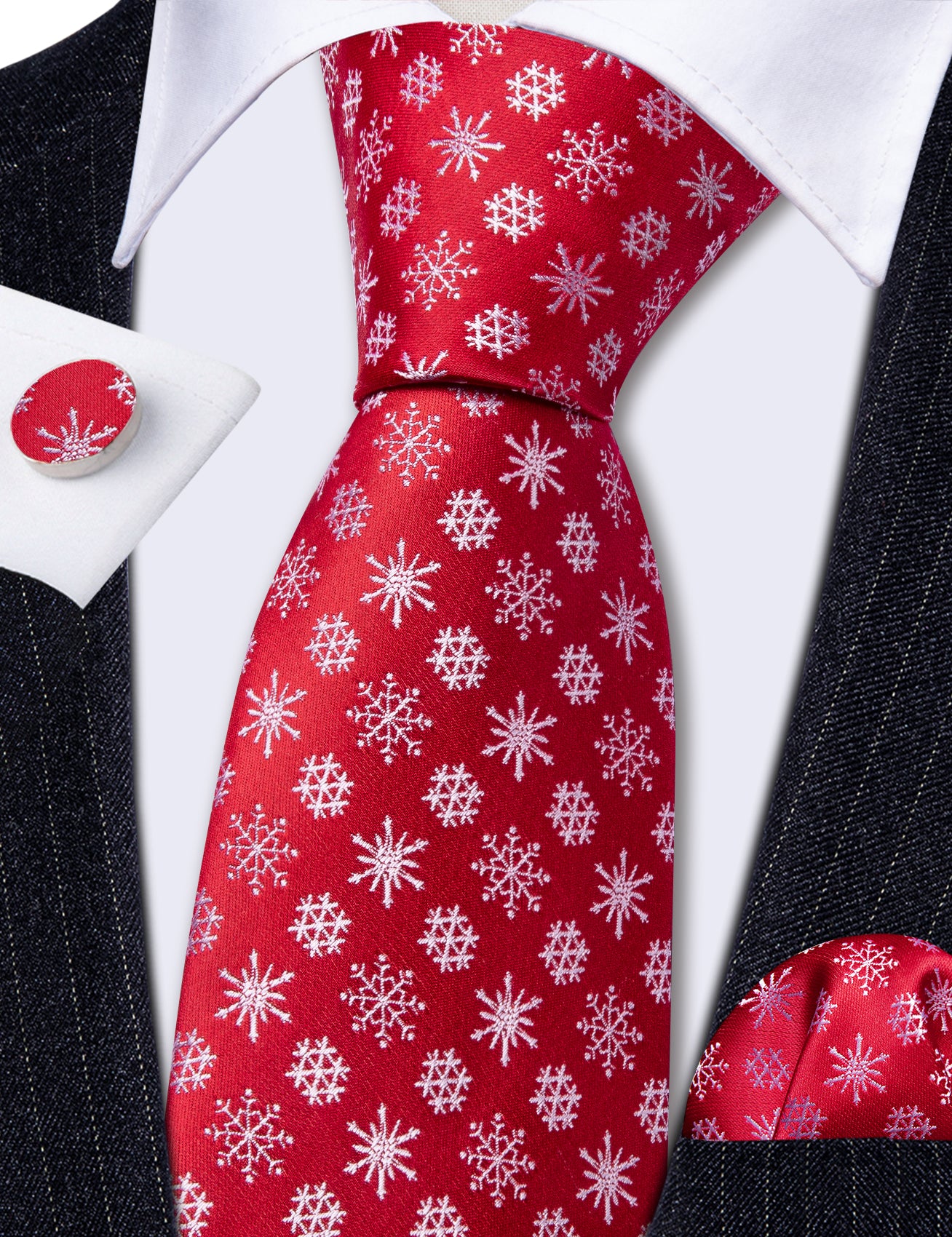 Christmas Red White Snowflake Men's Tie Pocket Square Cufflinks Set