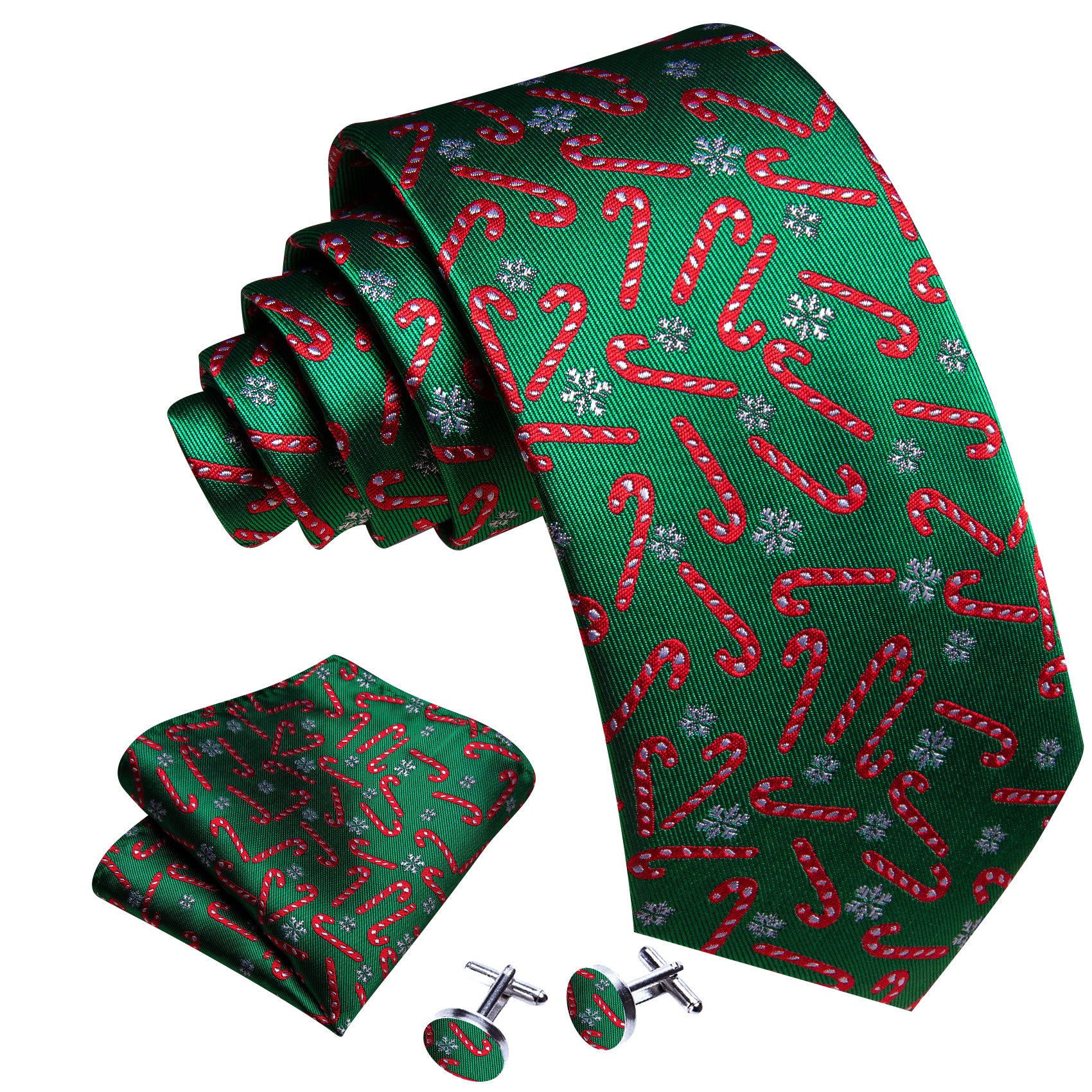 Barry Wang Christmas Green Red Crutch Men's Tie Pocket Square Cufflinks Set