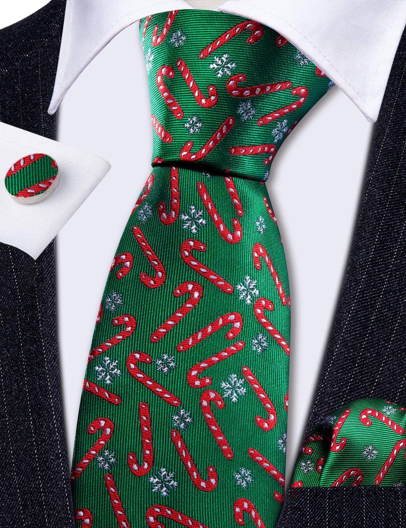Christmas Green Red Crutch Men's Tie Pocket Square Cufflinks Set