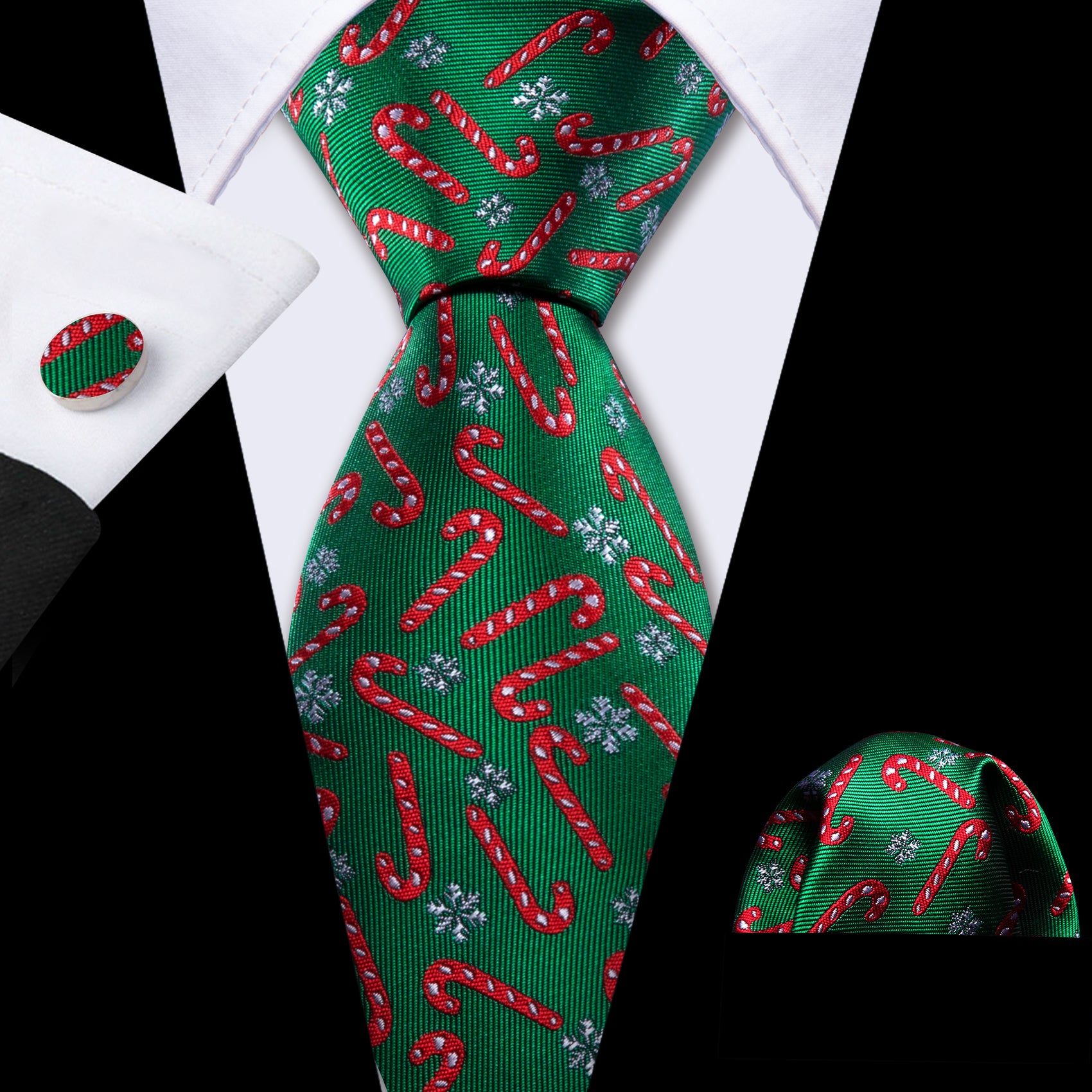 Barry Wang Christmas Green Red Crutch Men's Tie Pocket Square Cufflinks Set