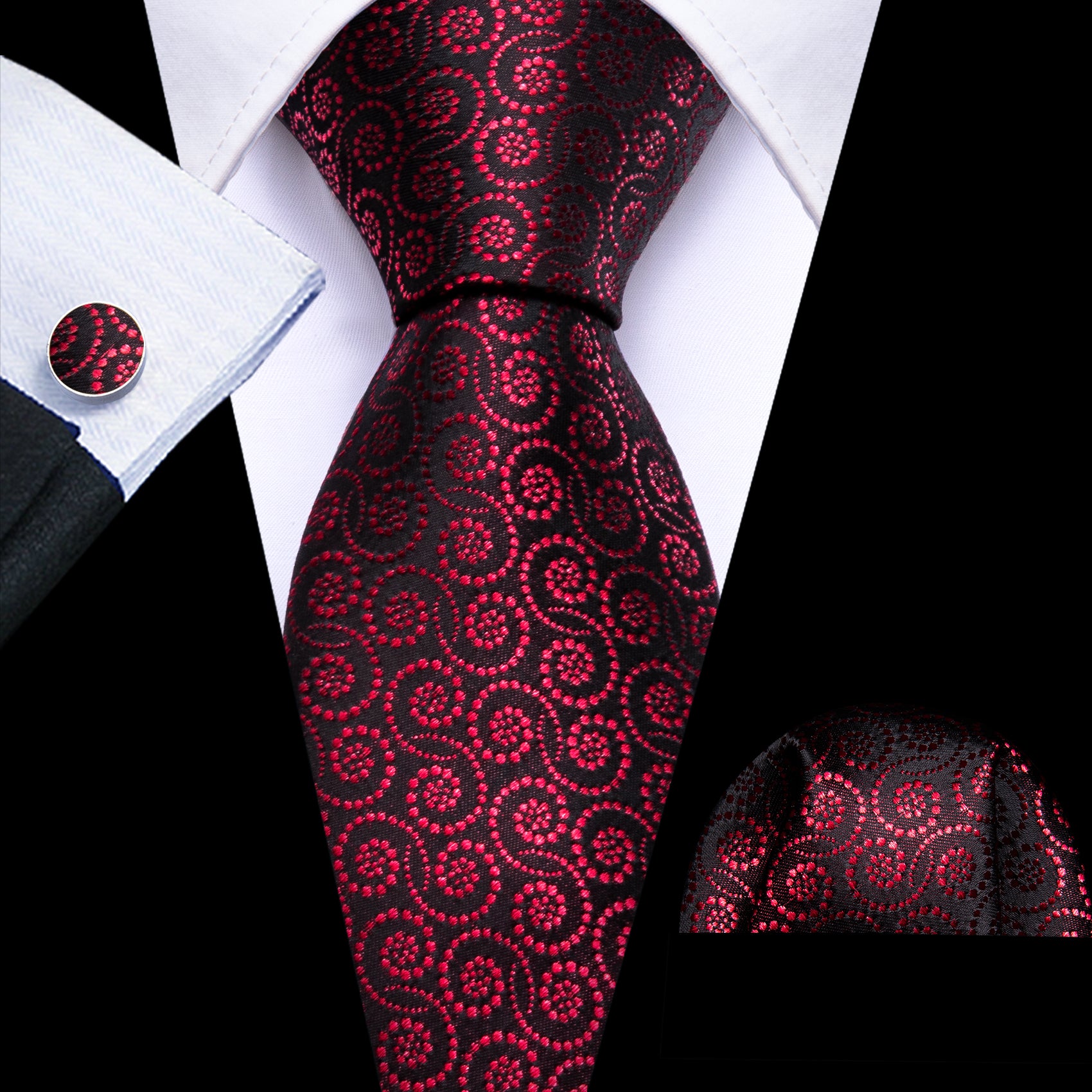 Novetly Red Black Floral Silk Tie Pocket Square Cufflinks Set