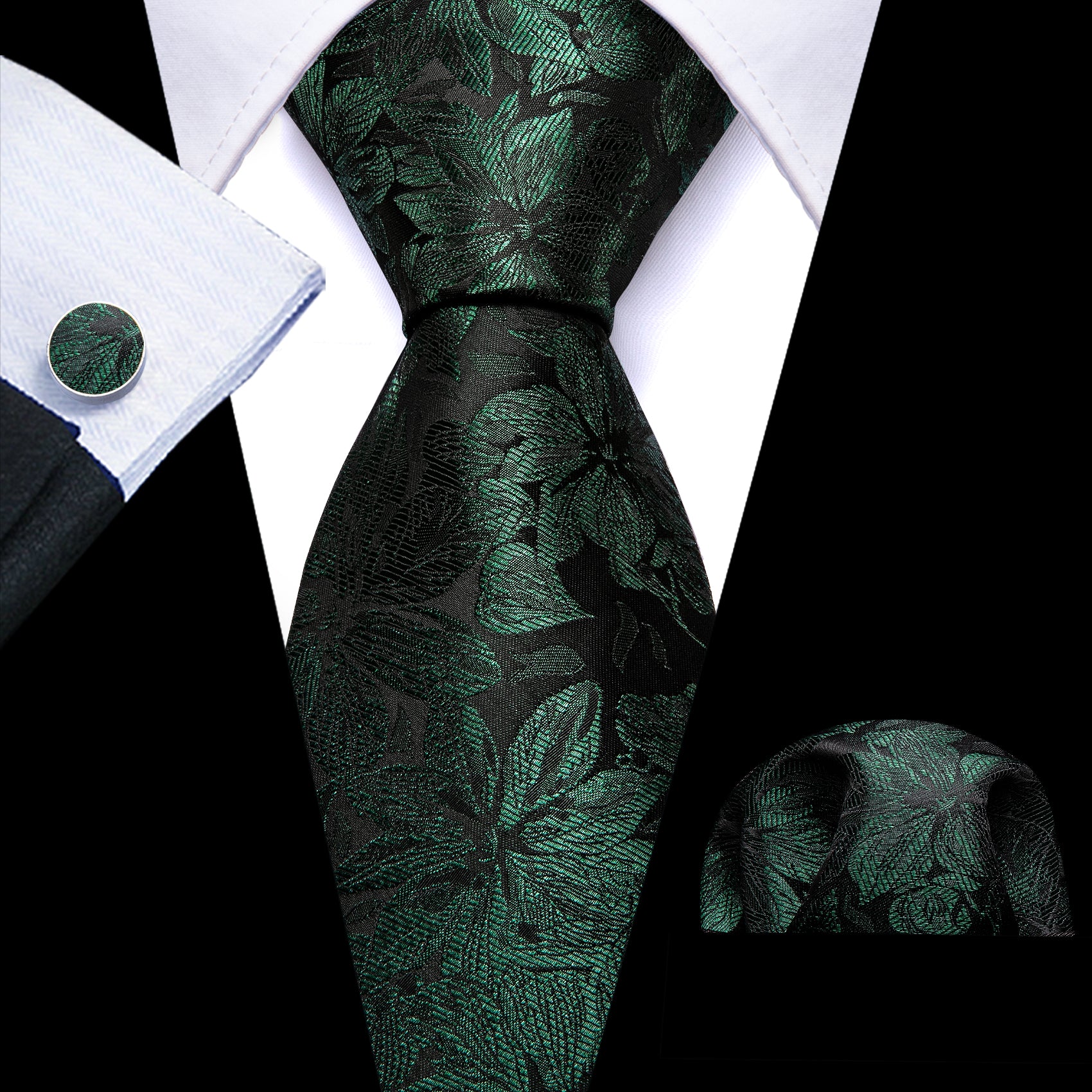 Green Black Flower Silk Tie Pocket Square Cufflinks Set