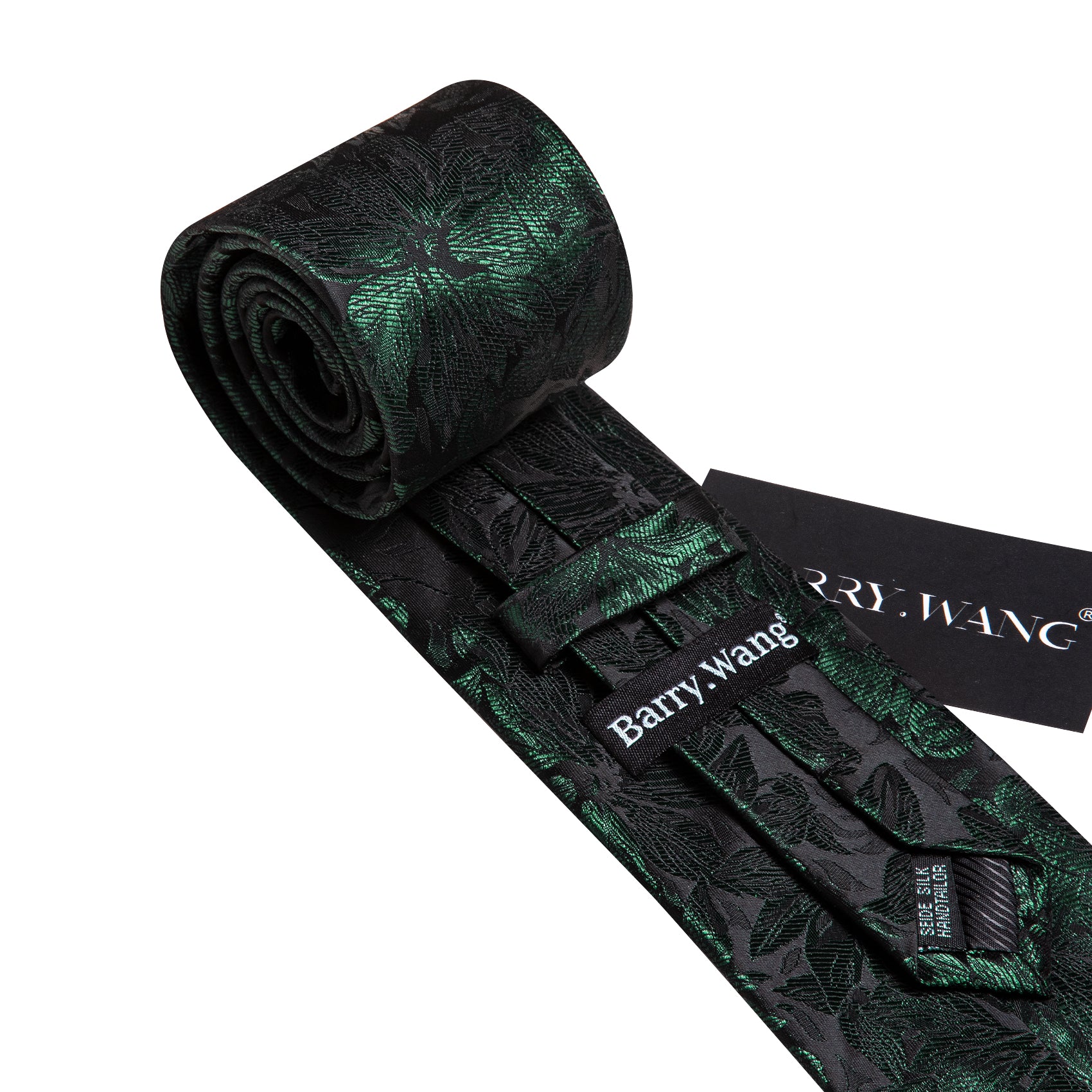 Black Tie Green Flower Silk Tie Pocket Square Cufflinks Set