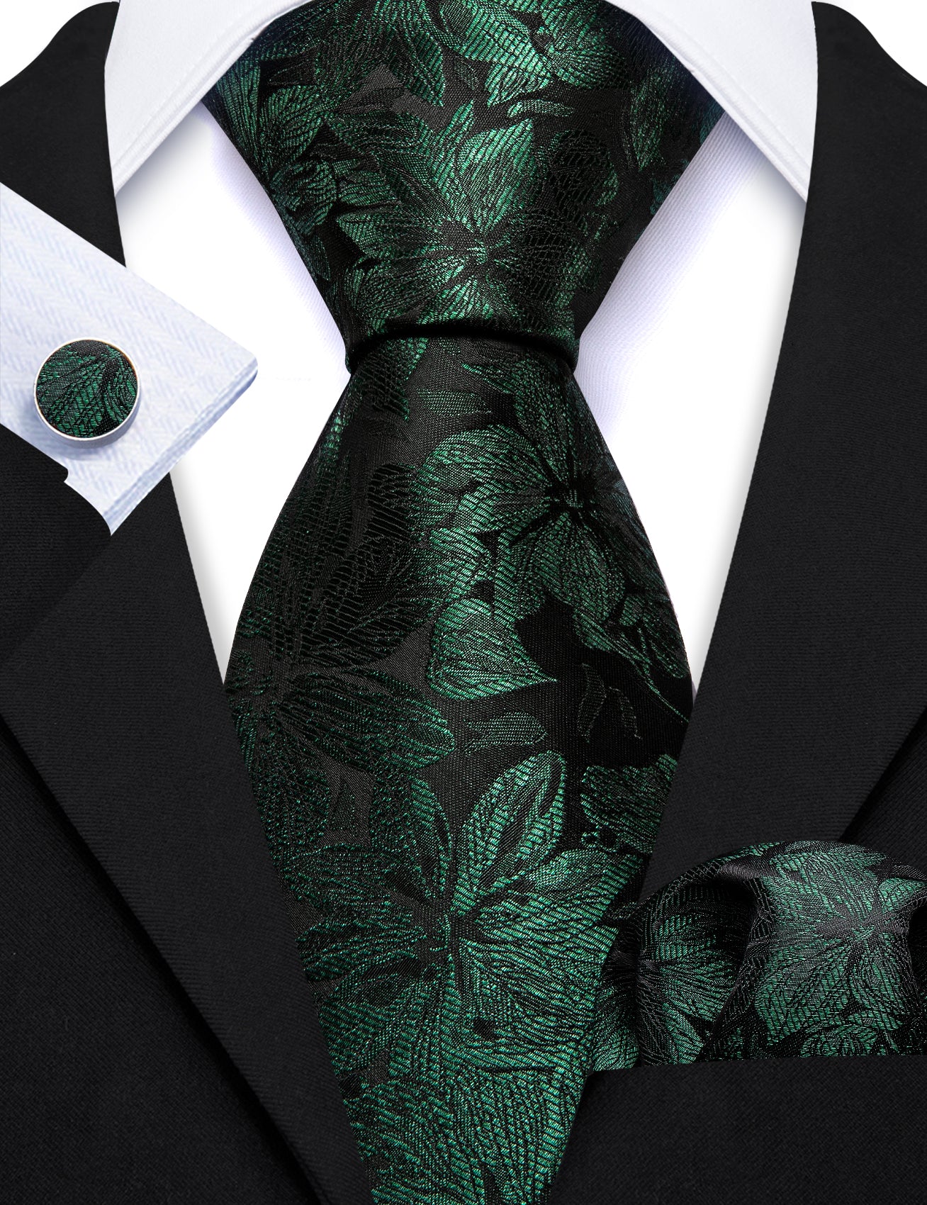 Black Tie Green Flower Silk Tie Pocket Square Cufflinks Set