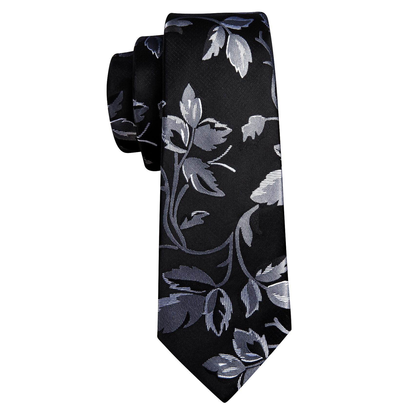 Black Silver Flower Silk Tie Pocket Square Cufflinks Set