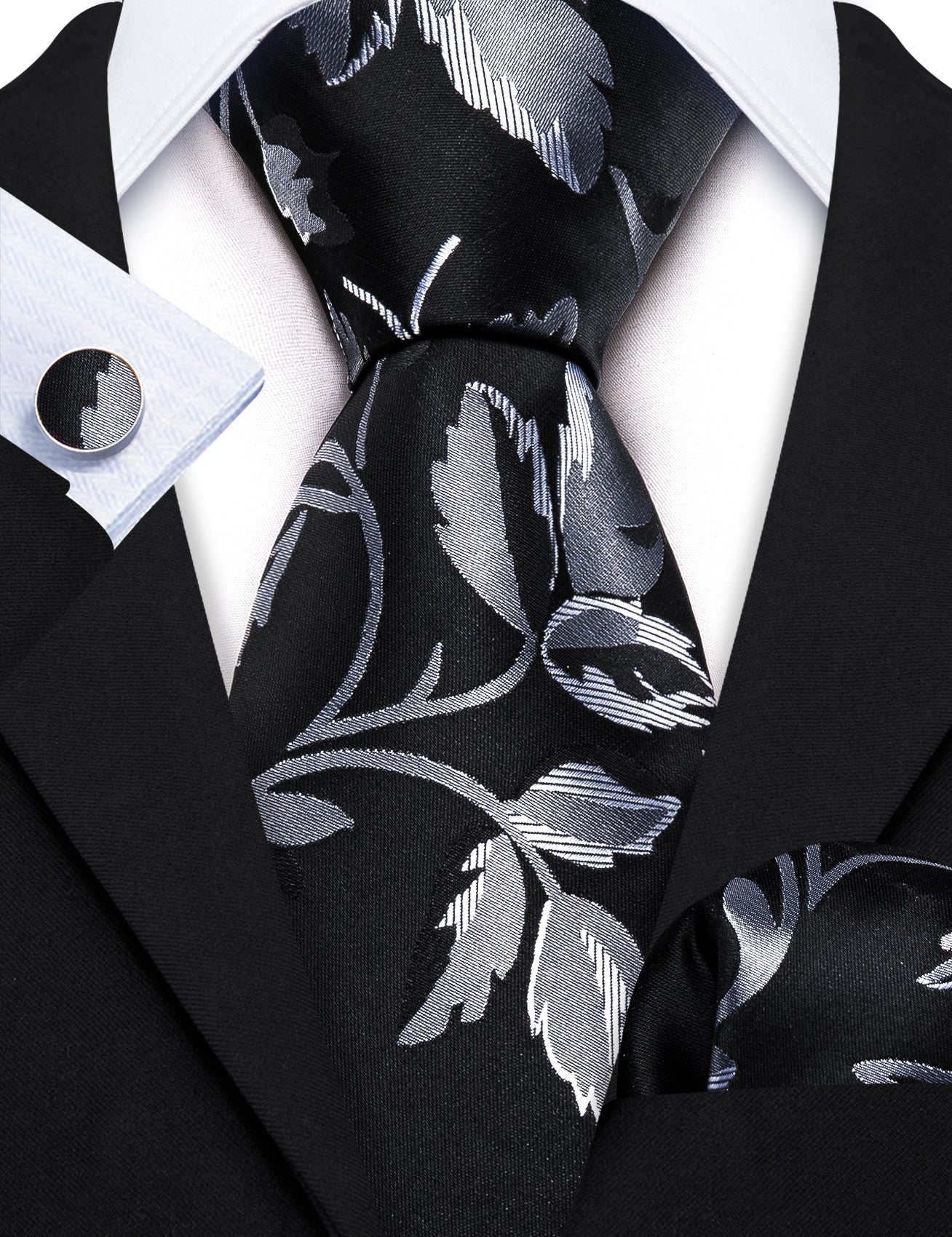Black Silver Flower Silk Tie Pocket Square Cufflinks Set