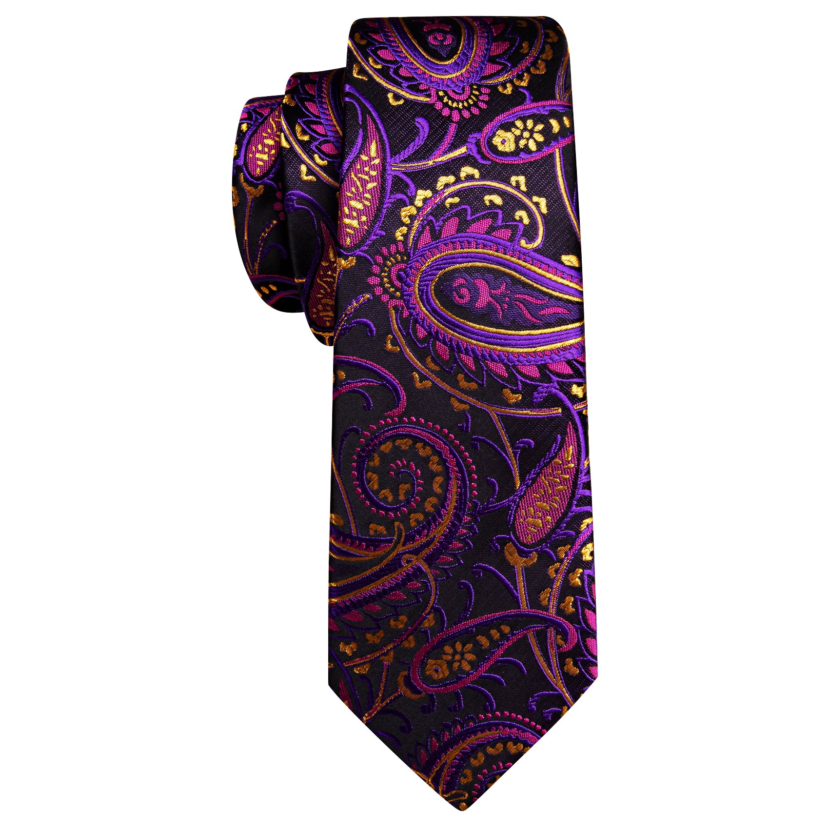 Black Purple Paisley Silk Tie Pocket Square Cufflinks Set