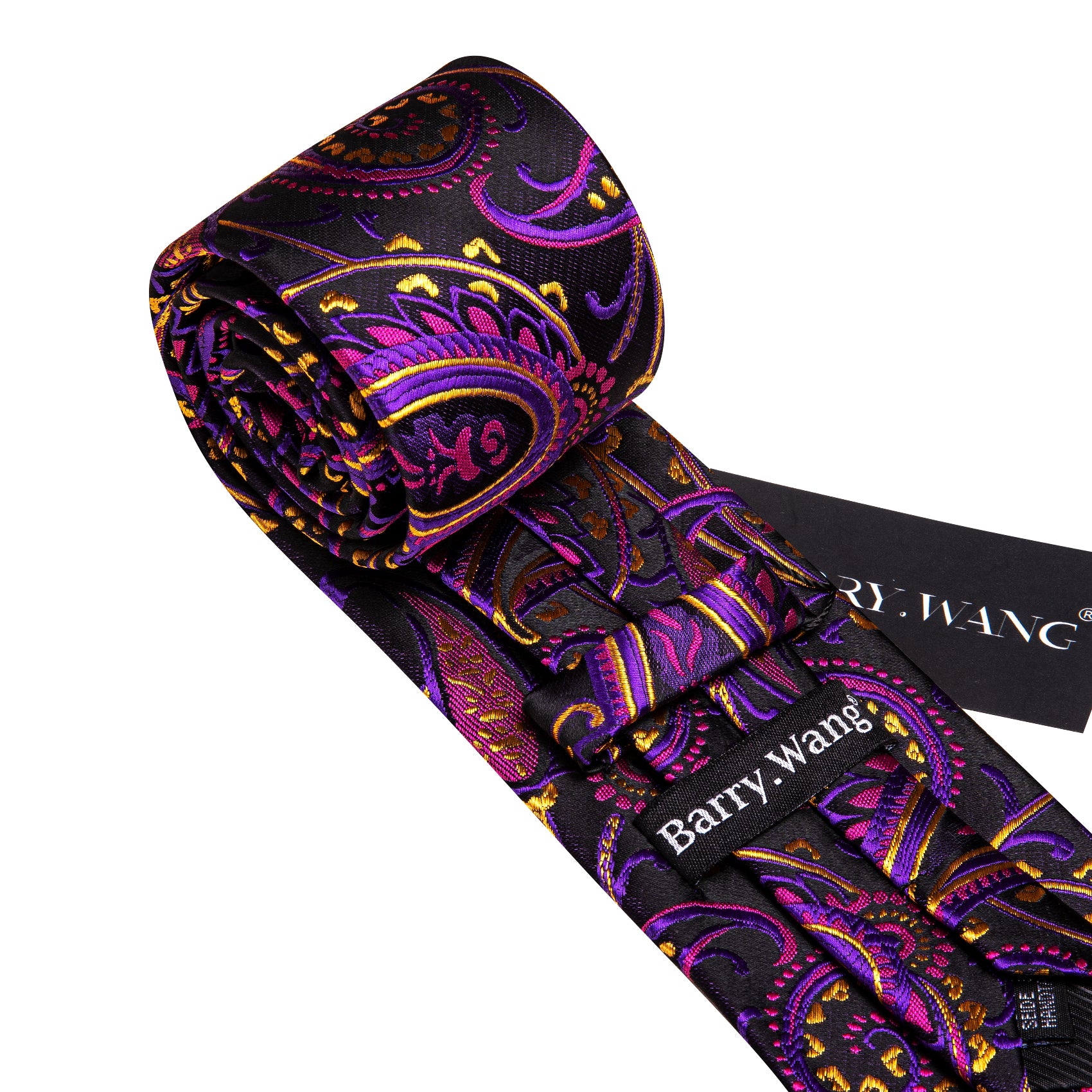 Black Purple Paisley Silk Tie Pocket Square Cufflinks Set