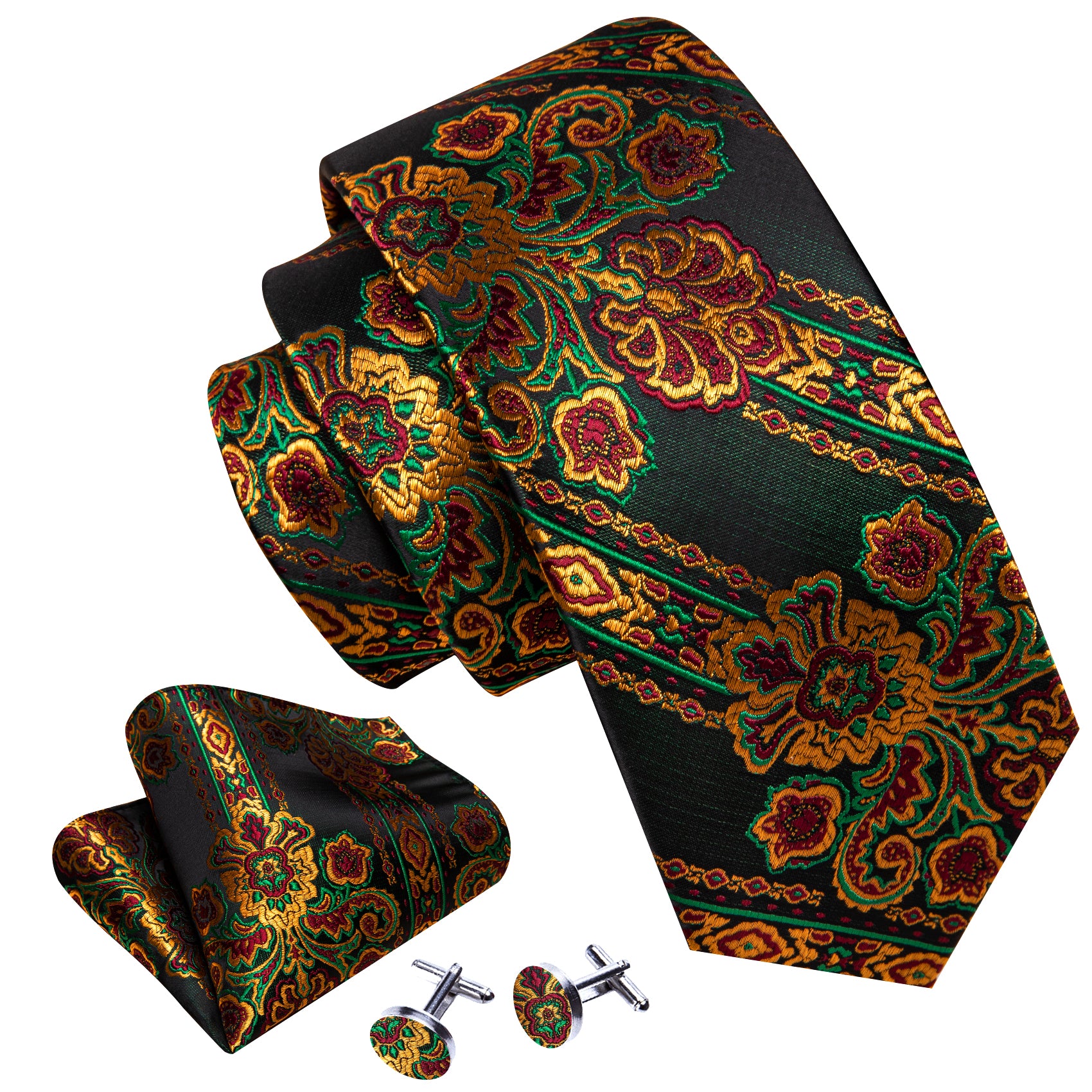 Orange Green Paisley Silk Tie Handkerchief Cufflinks Set