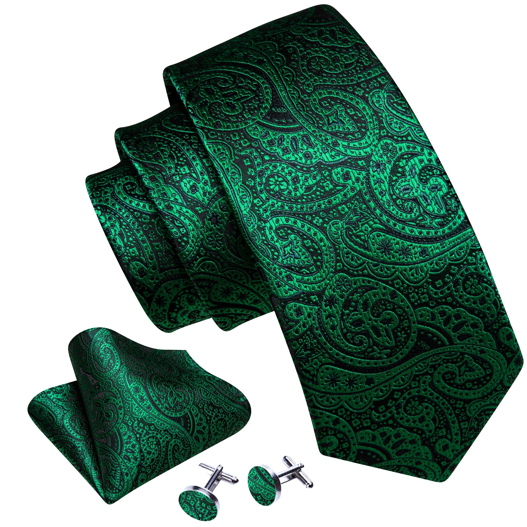 Green Tie Paisley Silk Necktie Handkerchief Cufflinks Set