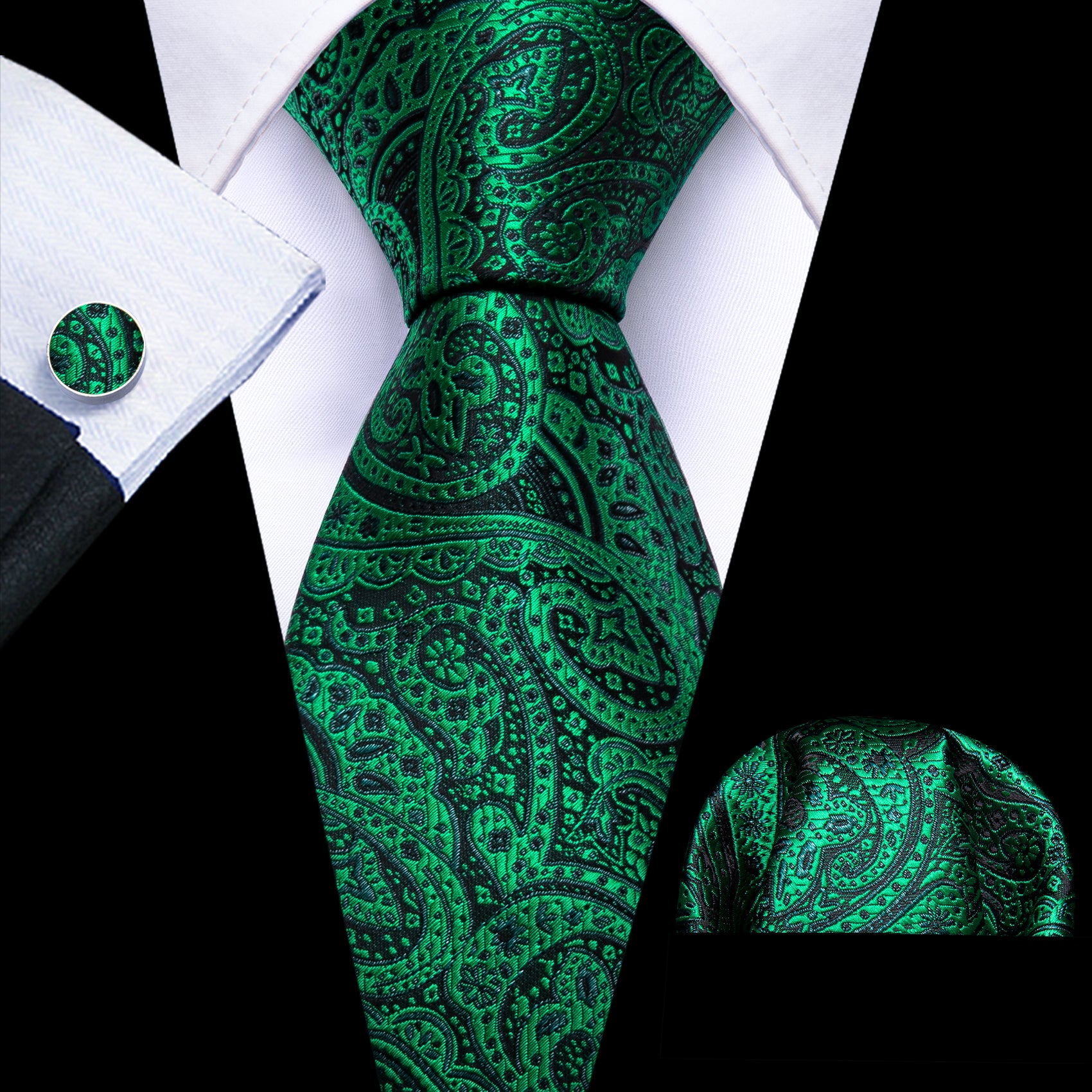 Green Tie Paisley Silk Necktie Handkerchief Cufflinks Set