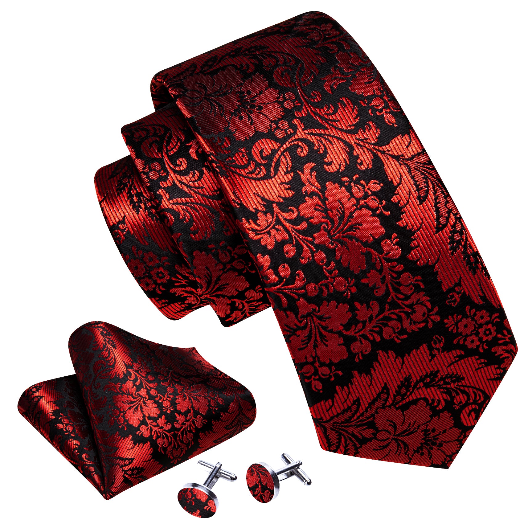 Red Black Paisley Silk Tie Pocket Square Cufflinks Set