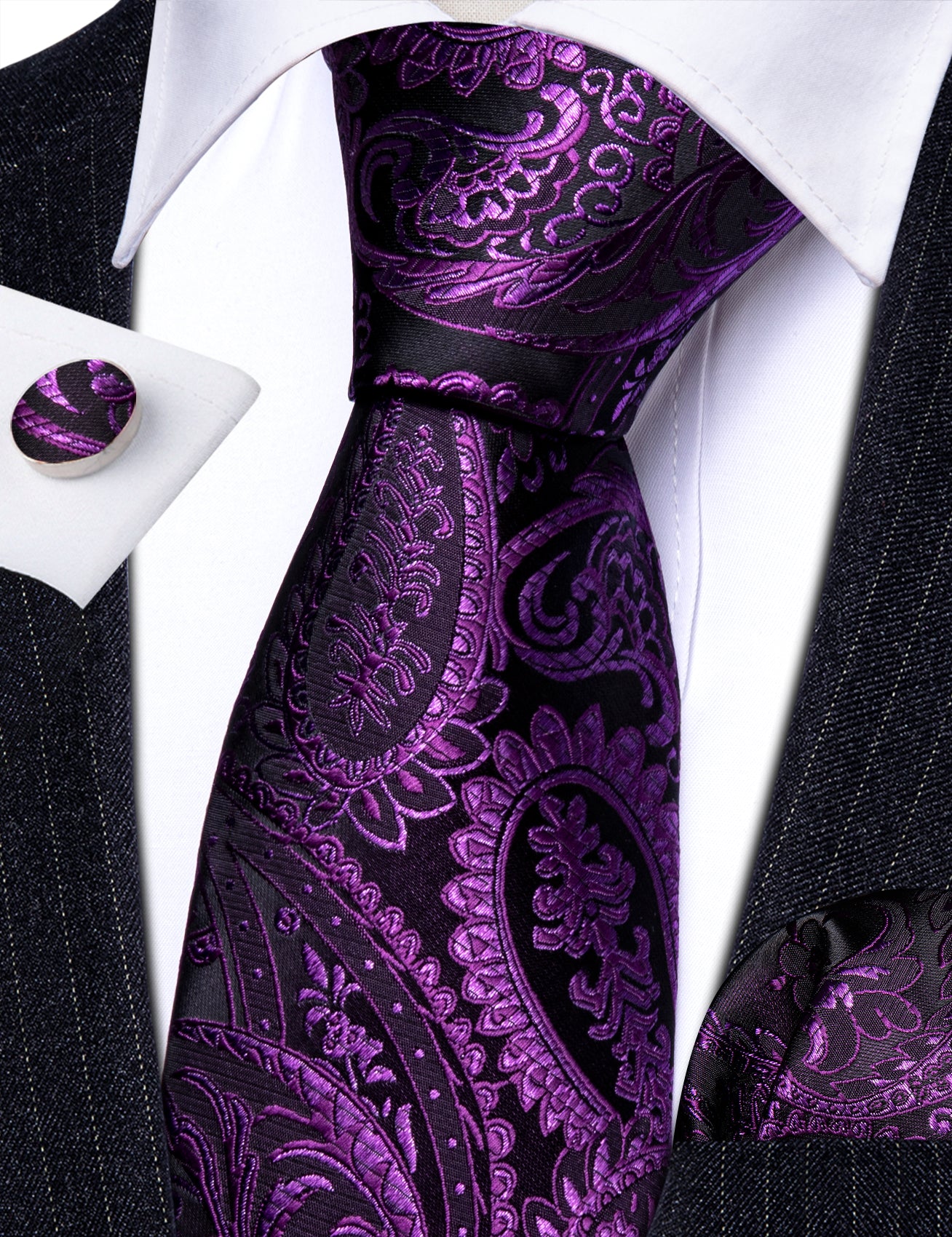 Purple Paisley Silk Tie Handkerchief Cufflinks Set