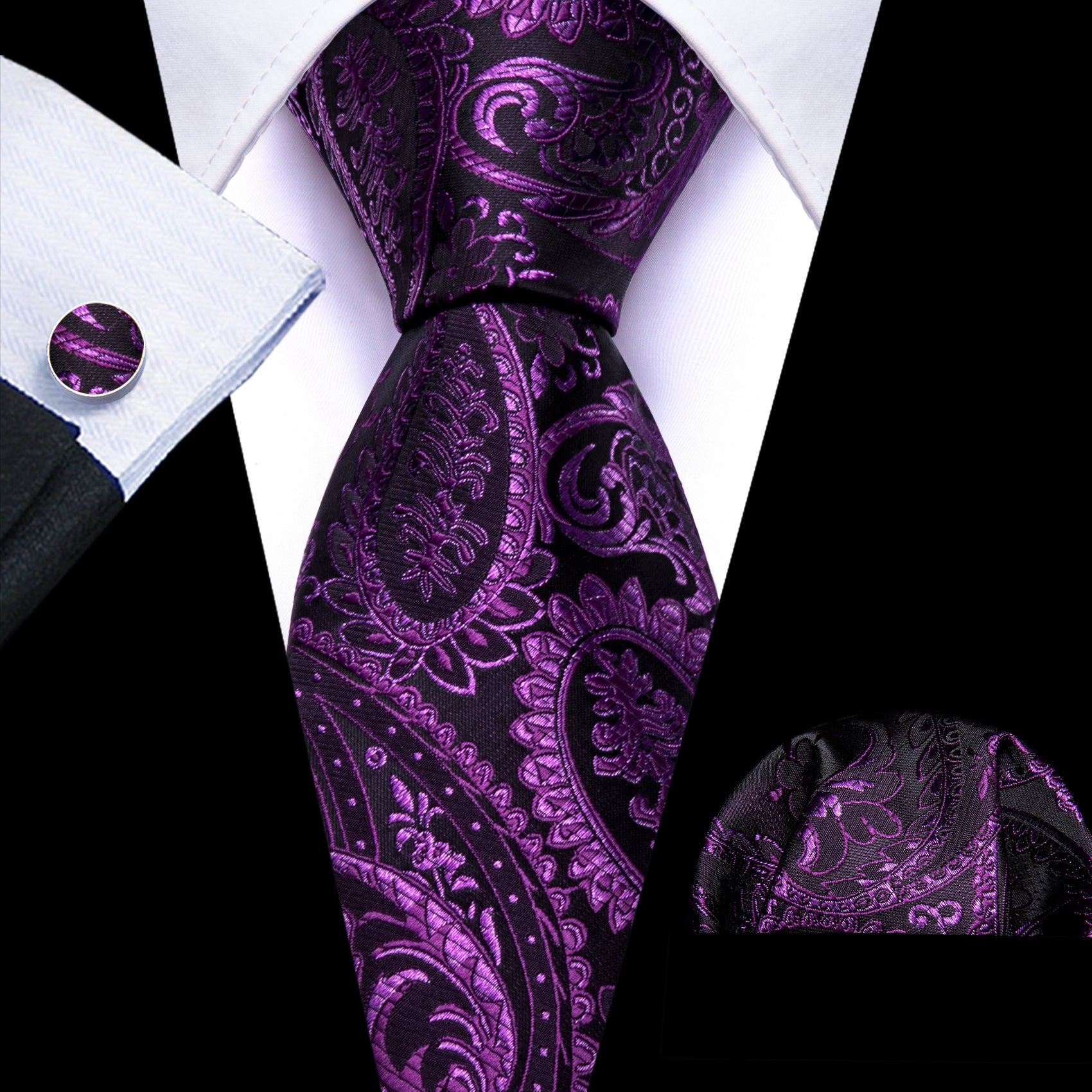 Purple Paisley Silk Tie Handkerchief Cufflinks Set
