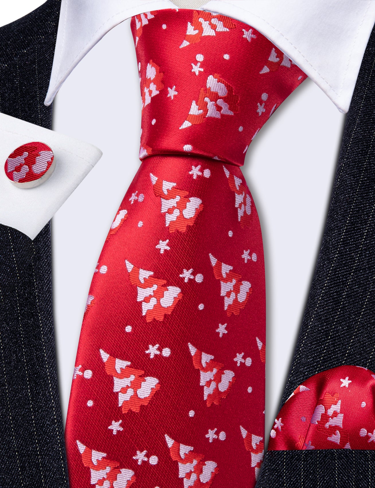 Rew White Christmas Tree Men's Tie Pocket Square Cufflinks Set