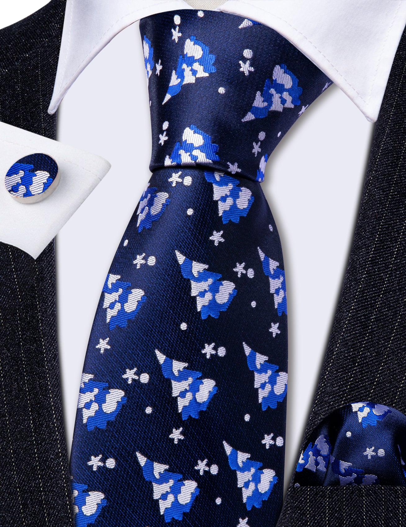 Blue White Christmas Tree Men's Tie Pocket Square Cufflinks Set