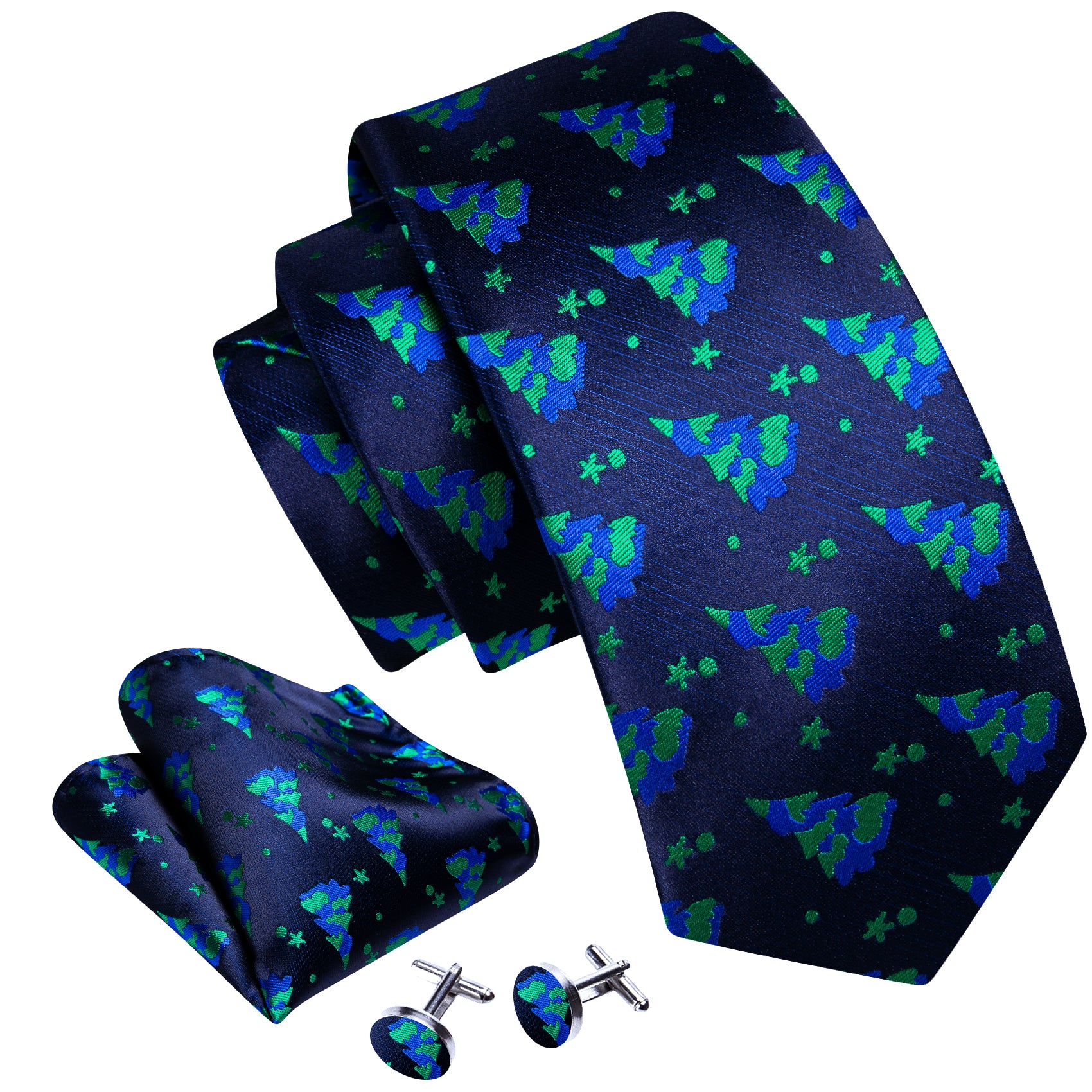 Barry Wang Tie Blue Green Christmas Tree Men's Necktie Set