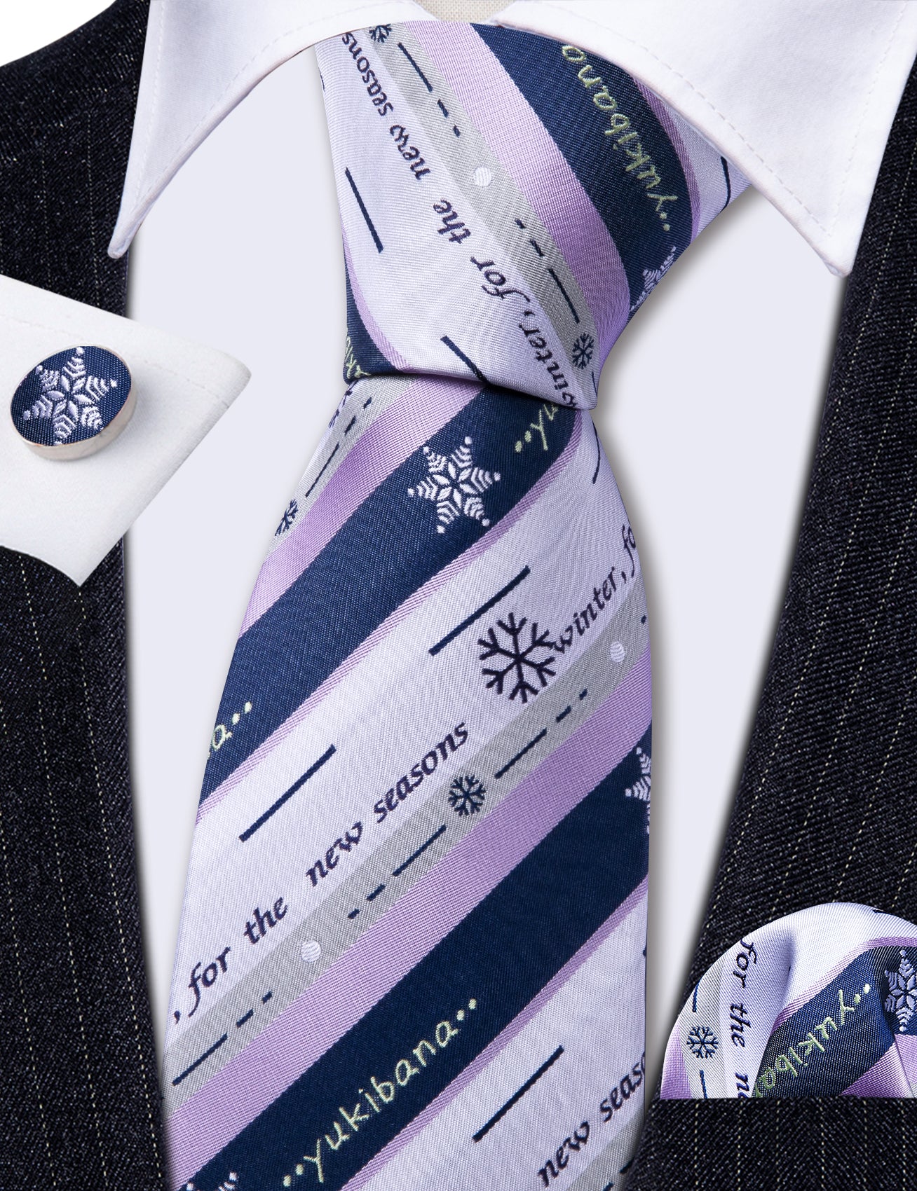 Christmas Snow Pattern Mens Striped Ties Necktie Handkerchief Cufflinks