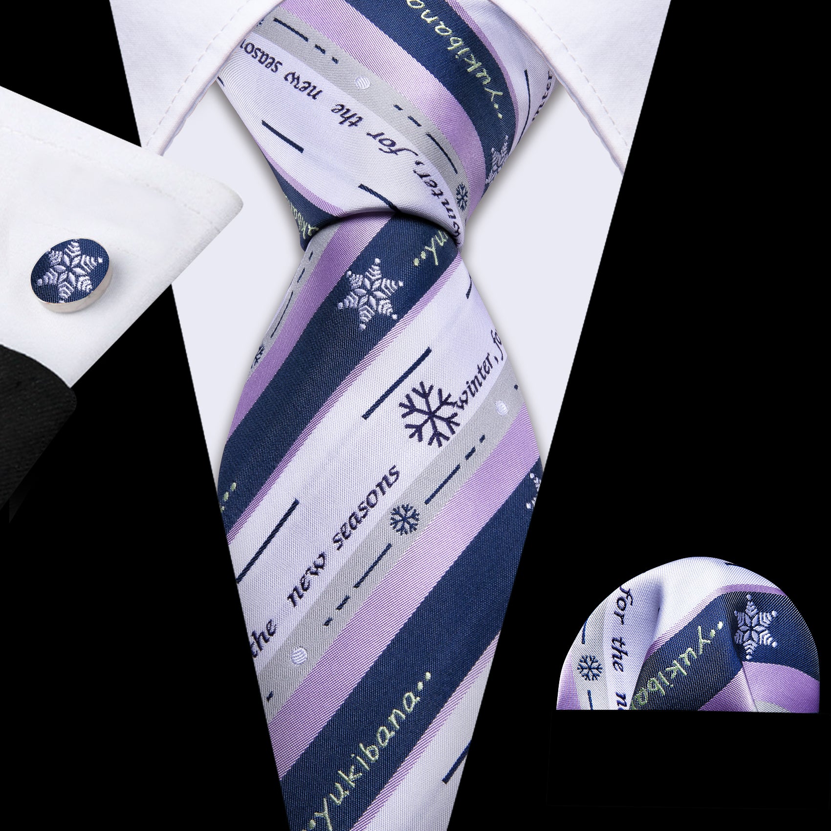 Christmas Snow Pattern Mens Striped Ties Necktie Handkerchief Cufflinks