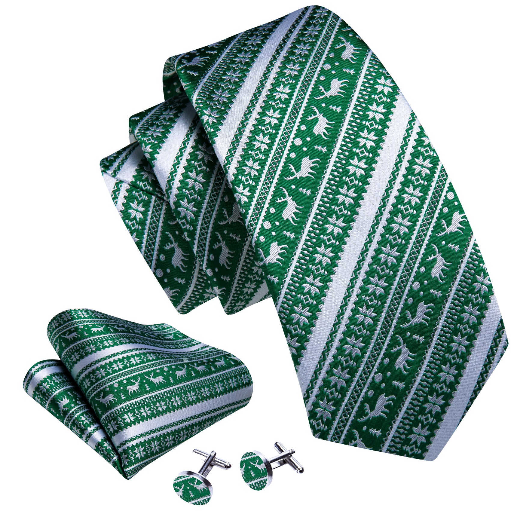 Barry Wang Christmas Tie Green White Elk Men's Striped Tie Handkerchief Cufflinks Set