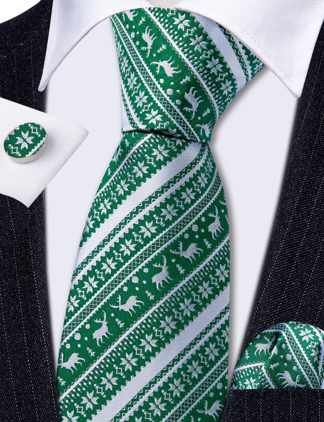 Green White Christmas Elk Mens Striped Ties Necktie Handkerchief Cufflinks