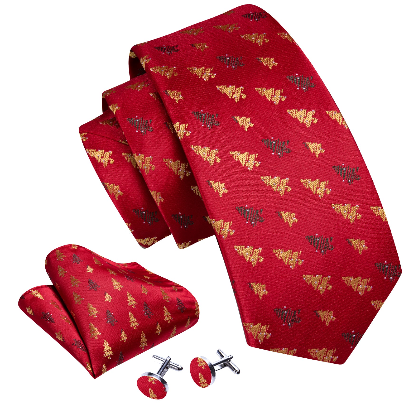 Barry.wang Christmas Tie Red Gold Xmas Tree Pattern Men's Tie Set