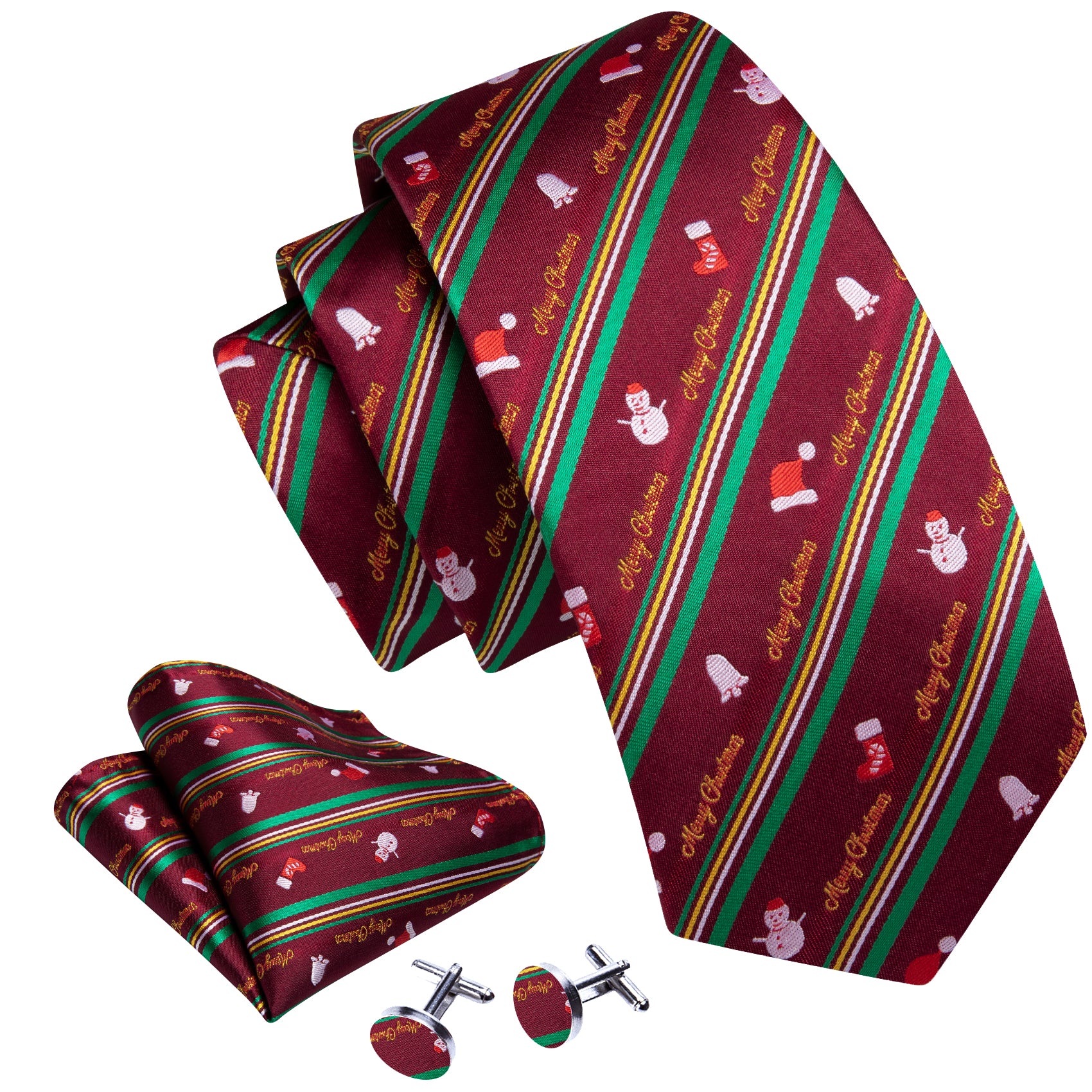 Barry.wang Christmas Tie Claret Xmas Santa Claus Pattern Men's Tie Set
