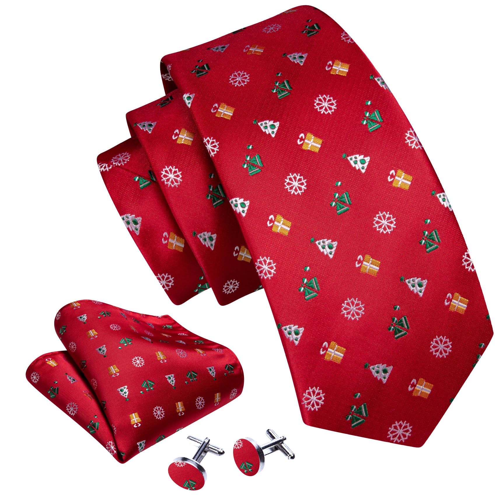 Barry.wang Red Tie Mens Christmas Pattern Tie Hanky Cufflinks Set