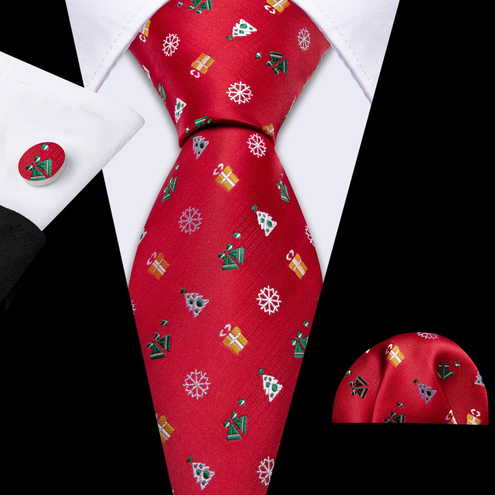 Christmas Red Xmas Pattern Mens Tie Hanky Cufflinks Set