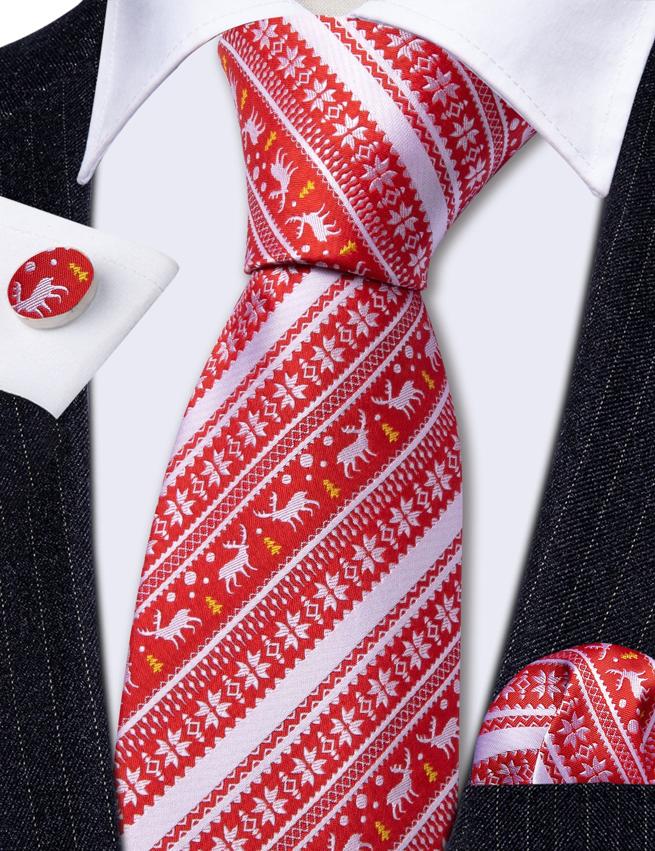 Christmas Red Silver Elk Floral Silk Tie Handkerchief Cufflinks Set