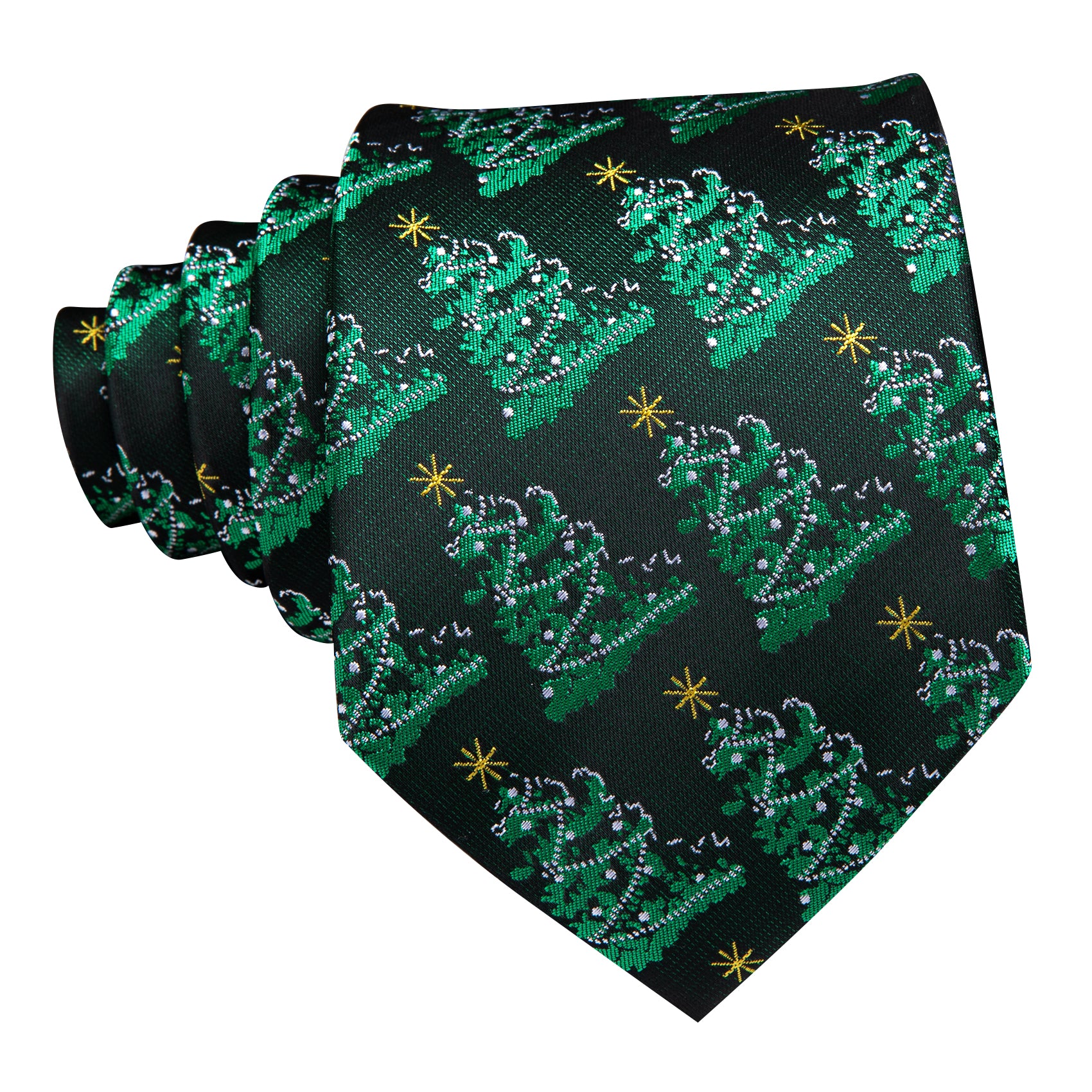 Christmas Tree Green Floral Silk Tie Handkerchief Cufflinks Set