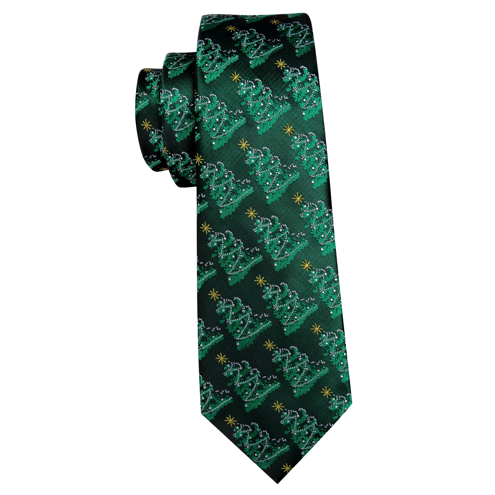 Barry Wang Christmas Tree Green Floral Silk Tie Handkerchief Cufflinks Set