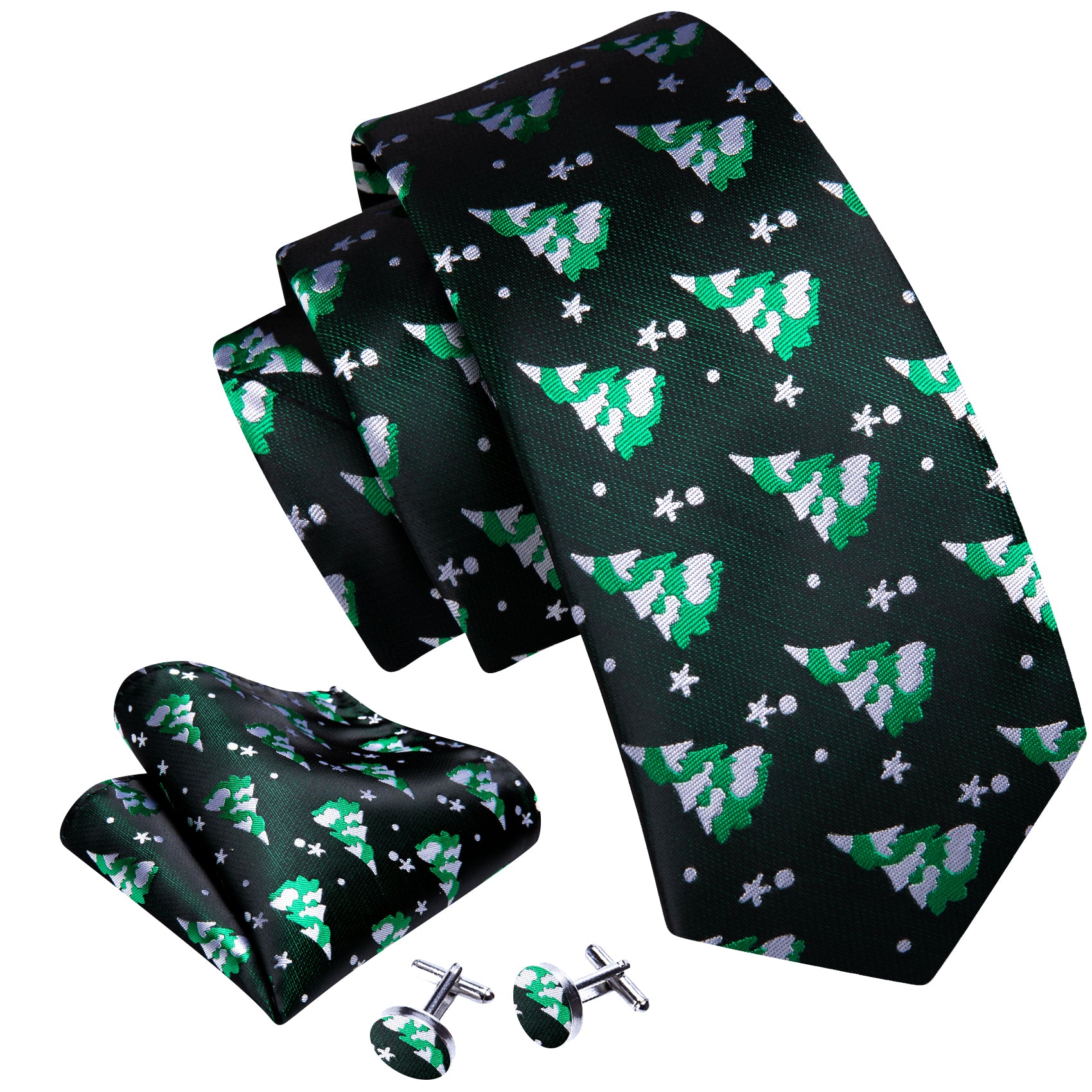 Green White Christmas Tree Silk Tie Handkerchief Cufflinks Set