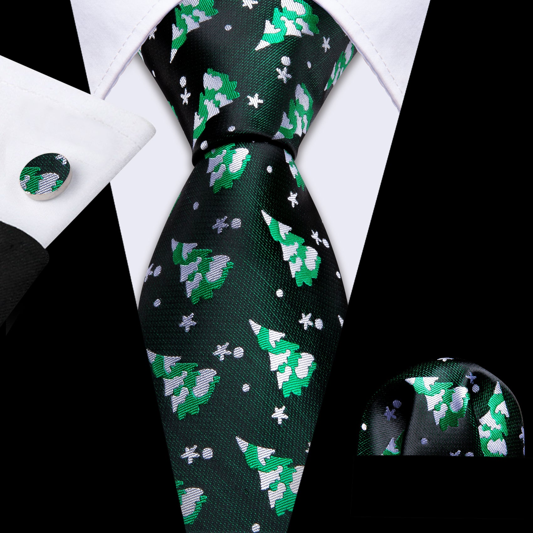 Barry Wang Green White Christmas Tree Silk Tie Handkerchief Cufflinks Set